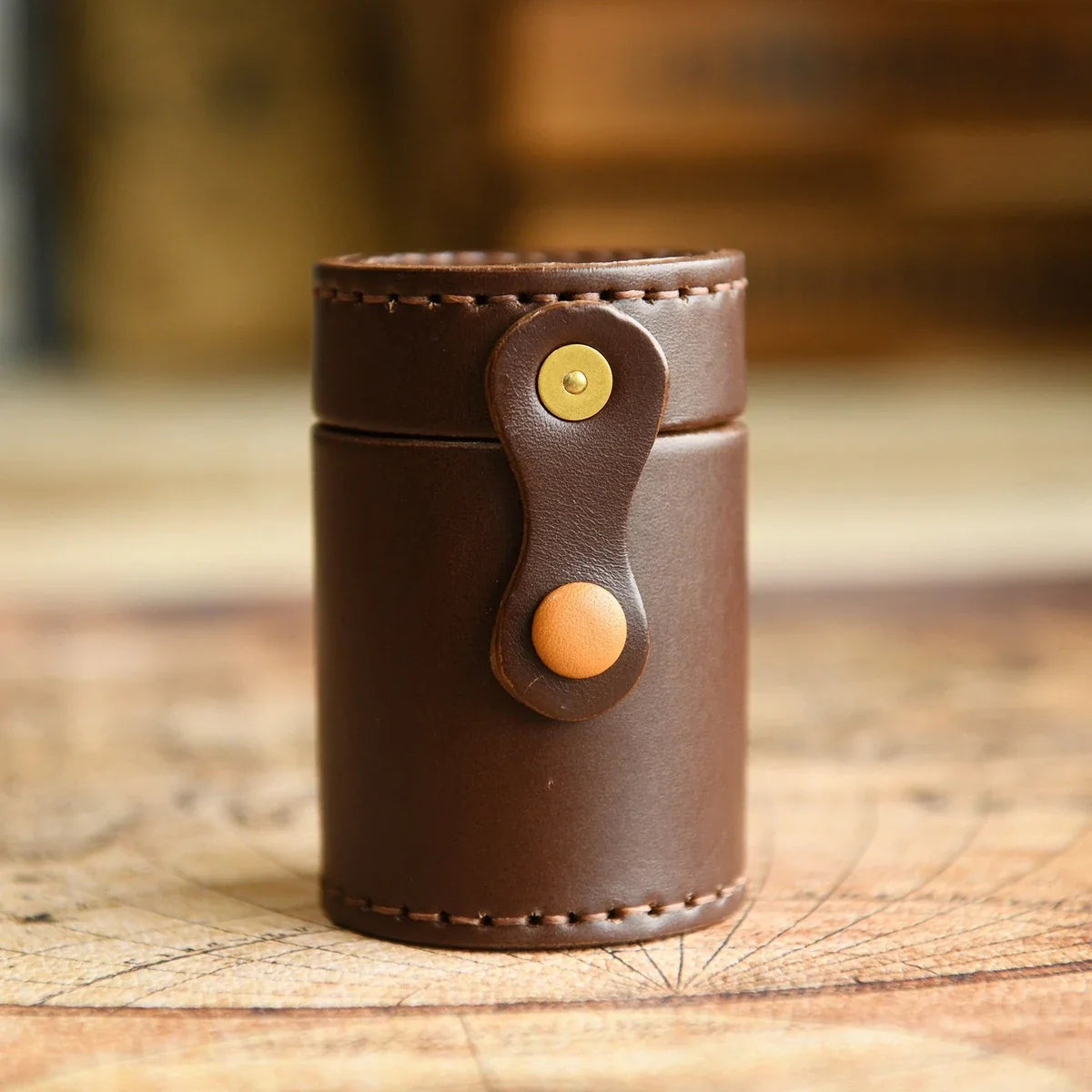 Coffee Brown leather cylindrical storage case
