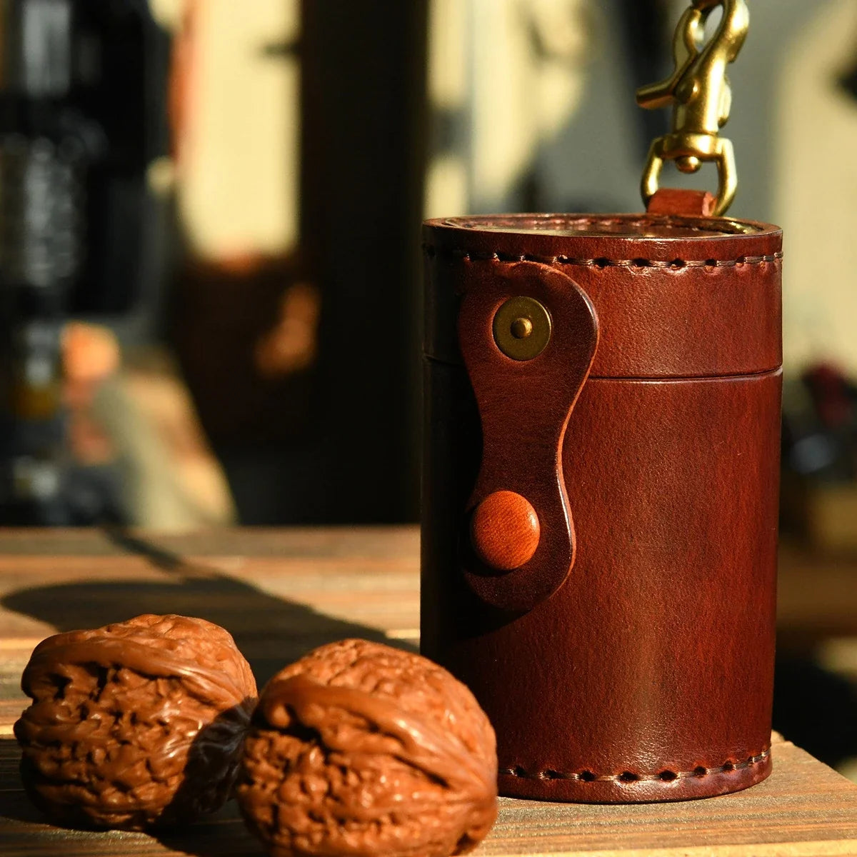 Handmade top-grain leather cylindrical storage case with hook