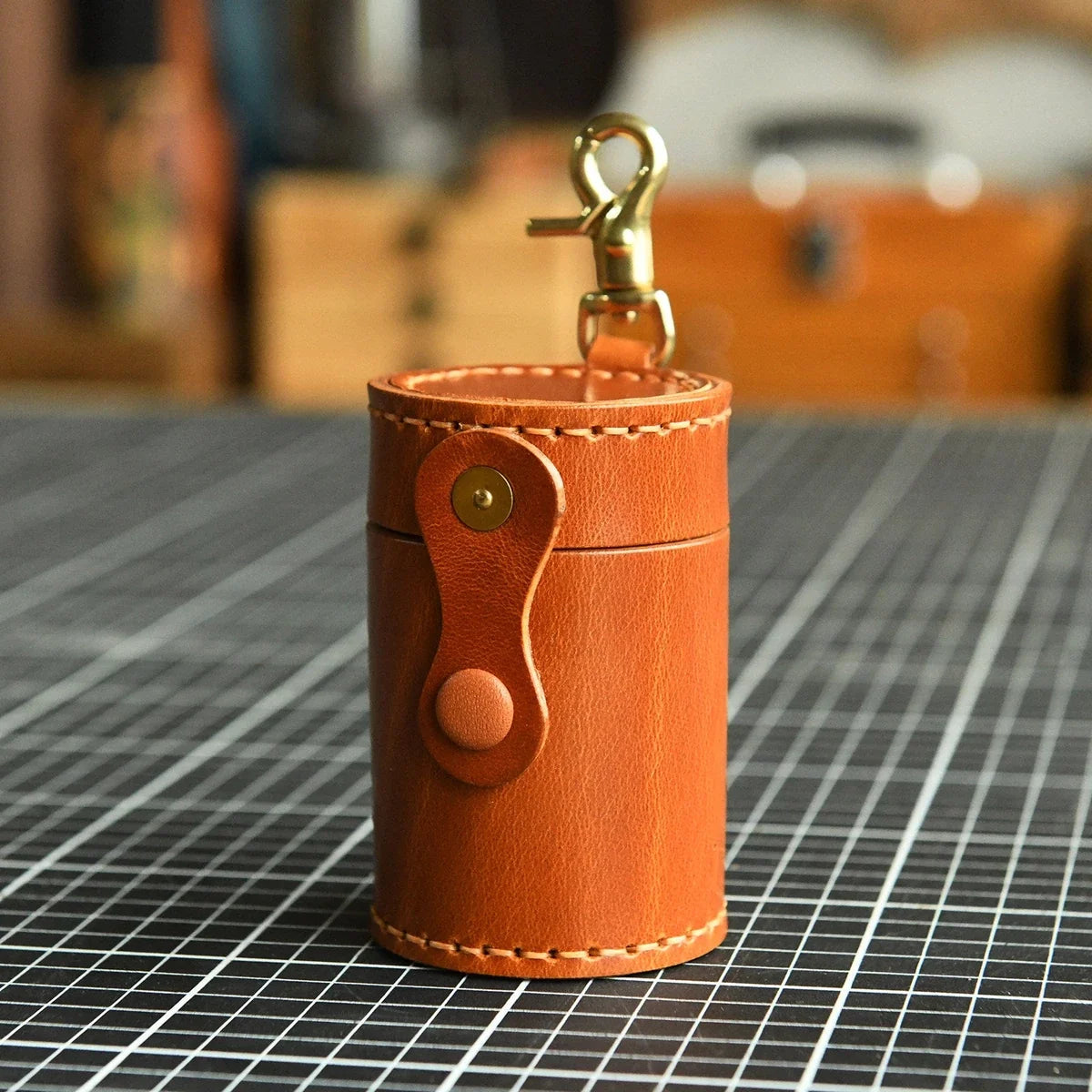 Sunset Yellow leather cylindrical storage case with hook