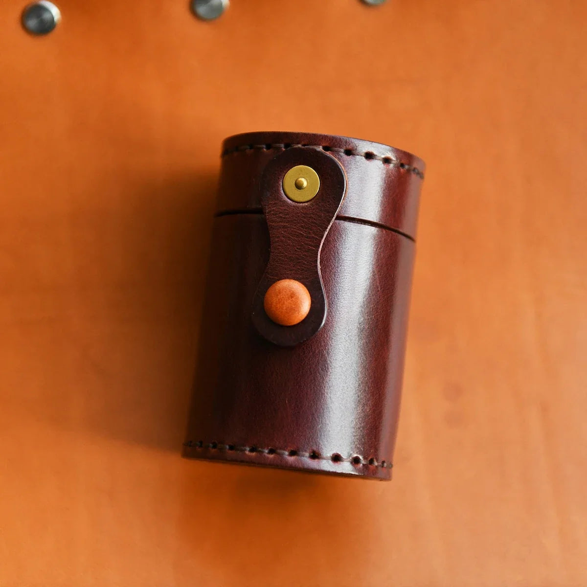 Vintage Brown leather cylindrical storage case
