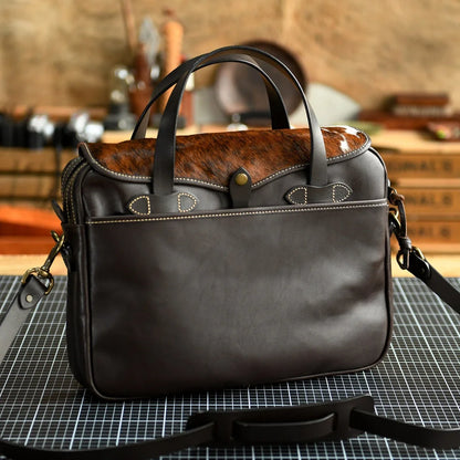 Top-grain leather briefcase with a hair-on hide flap
