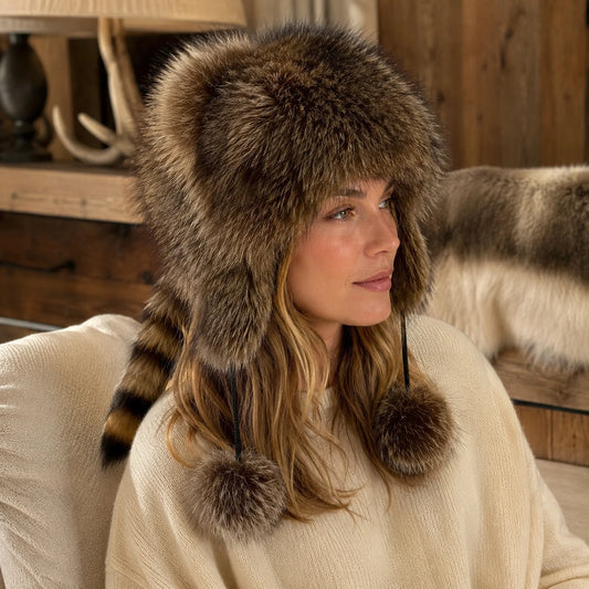 Genuine raccoon fur cat-ear ushanka hat worn in a warm lodge interior
