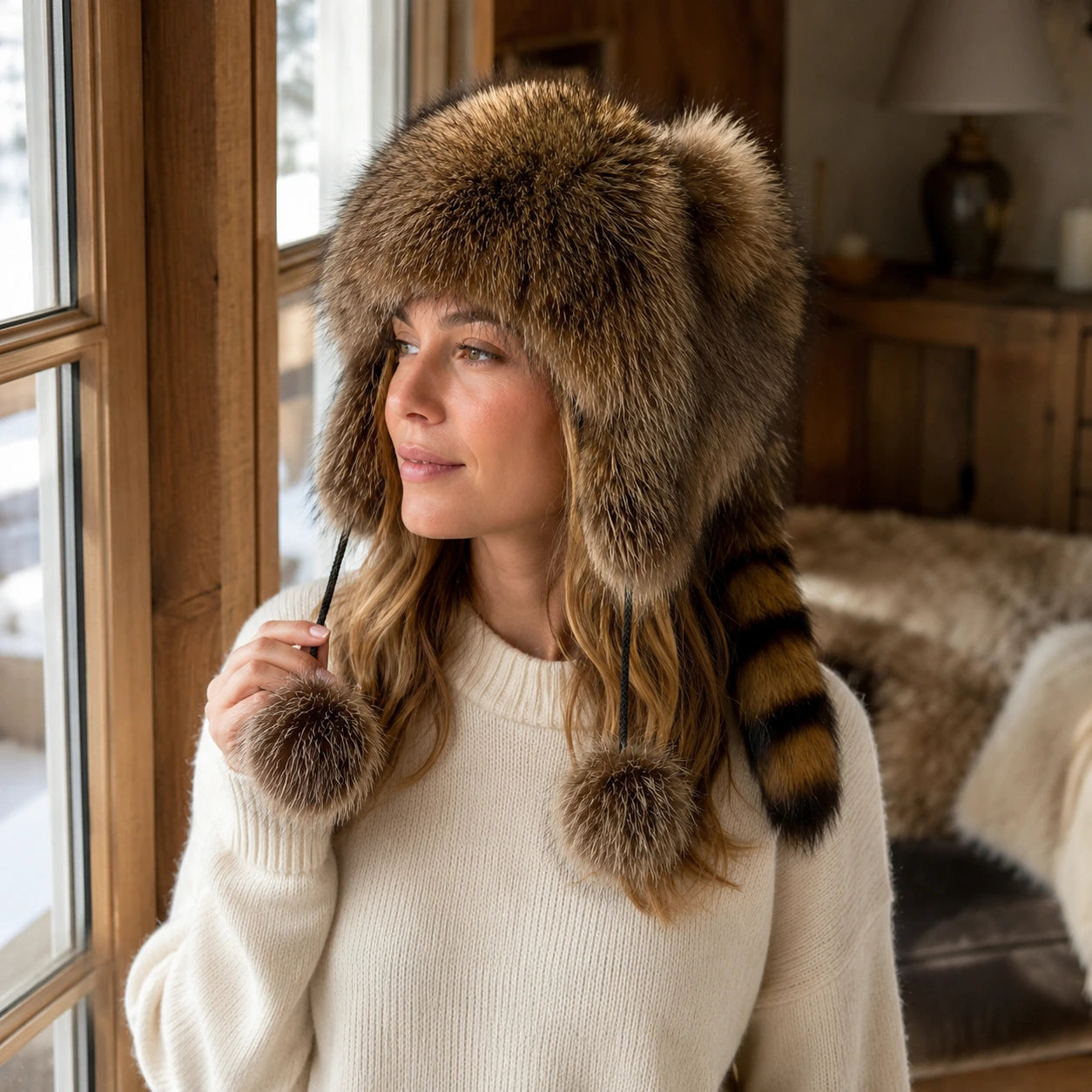 Natural raccoon fur earflap hat with striped tail and pom-pom ties by a window