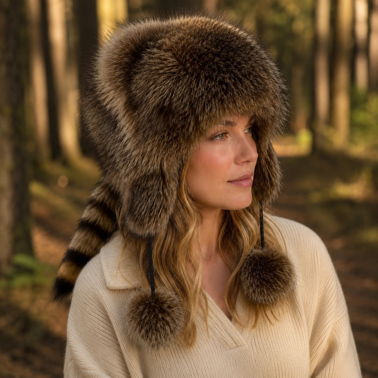 Genuine raccoon fur cat-ear hat worn on a quiet forest walk