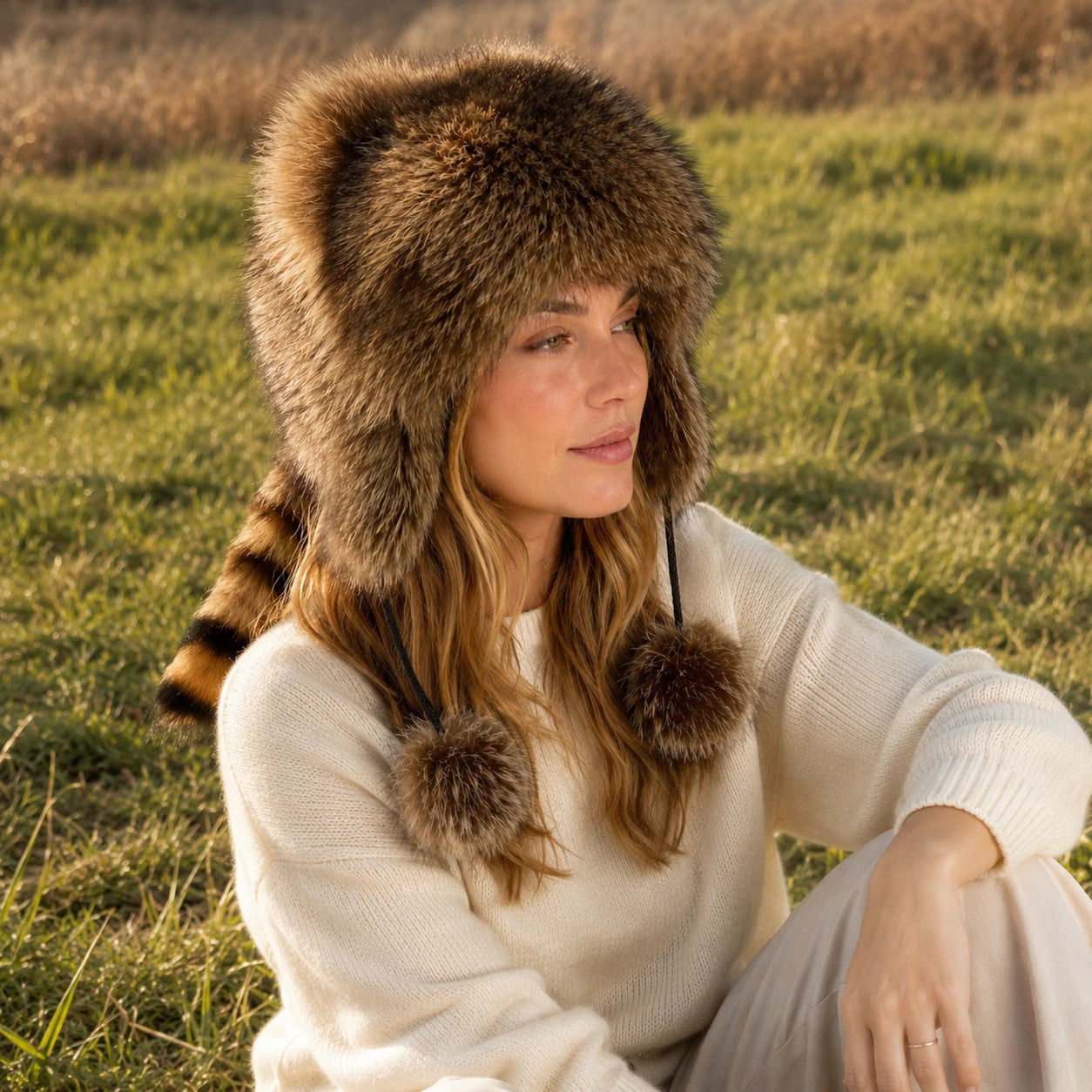 Natural raccoon fur earflap hat worn outdoors in late-autumn grassland