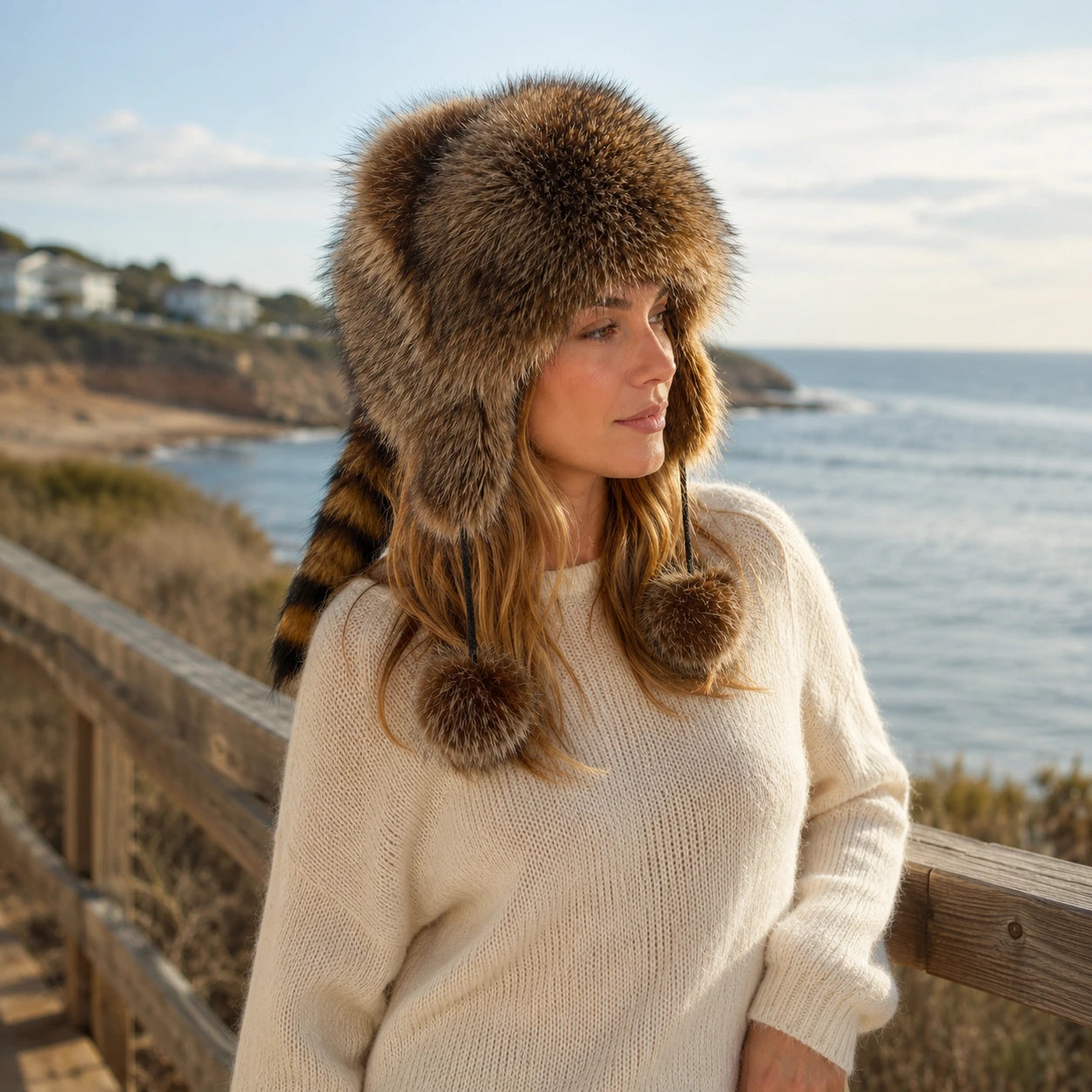 Genuine raccoon fur earflap hat with tail worn on a cold coastal walk