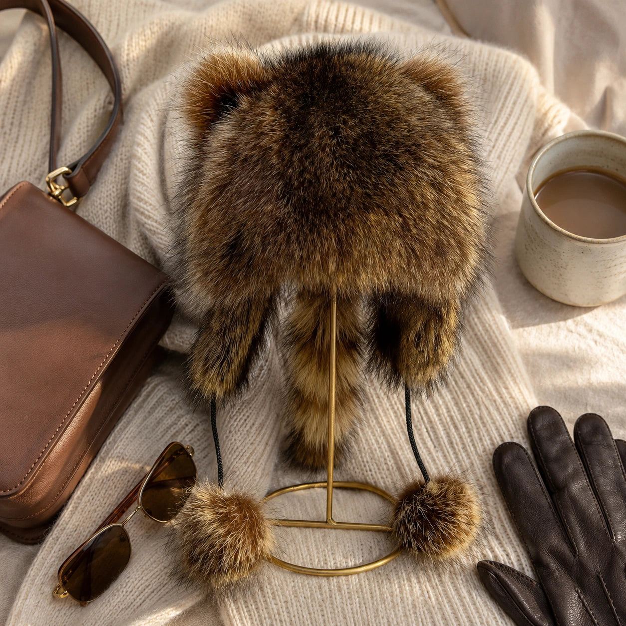 Genuine raccoon fur cat-ear ushanka hat styled with neutral winter accessories