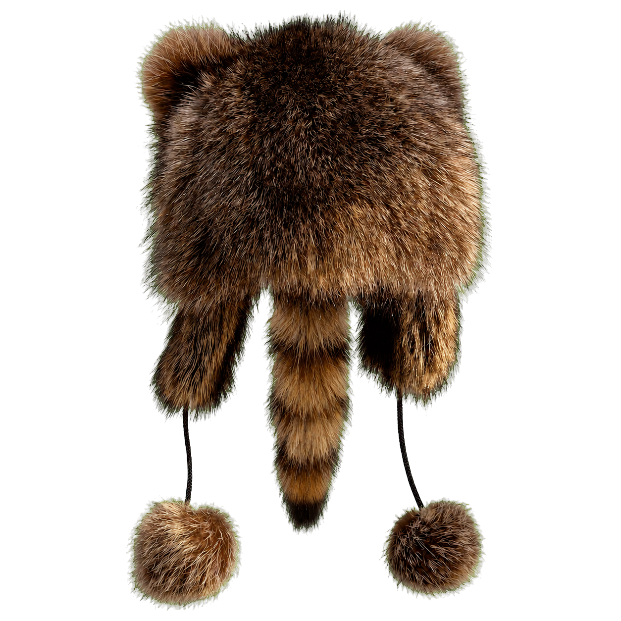 Cat Ear unisex genuine raccoon fur earflap hat on transparent background