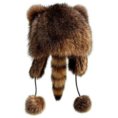 Cat Ear unisex genuine raccoon fur earflap hat on transparent background