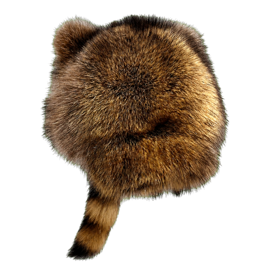 Raccoon Tail unisex genuine raccoon fur earflap hat on transparent background
