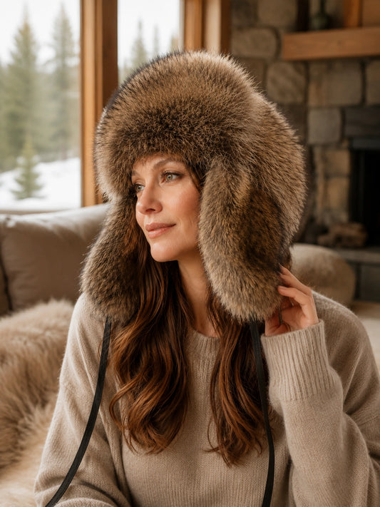 Woman wearing a genuine raccoon fur earflap trapper hat in a winter cabin