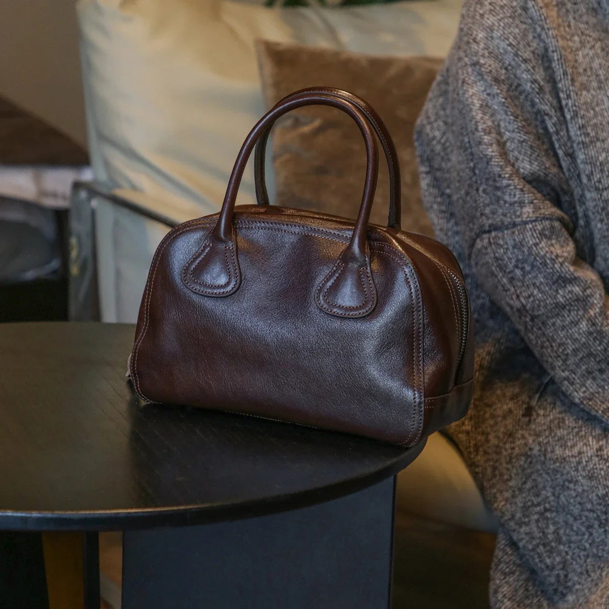 Ebony Brown vegetable-tanned cowhide bowling bag front view