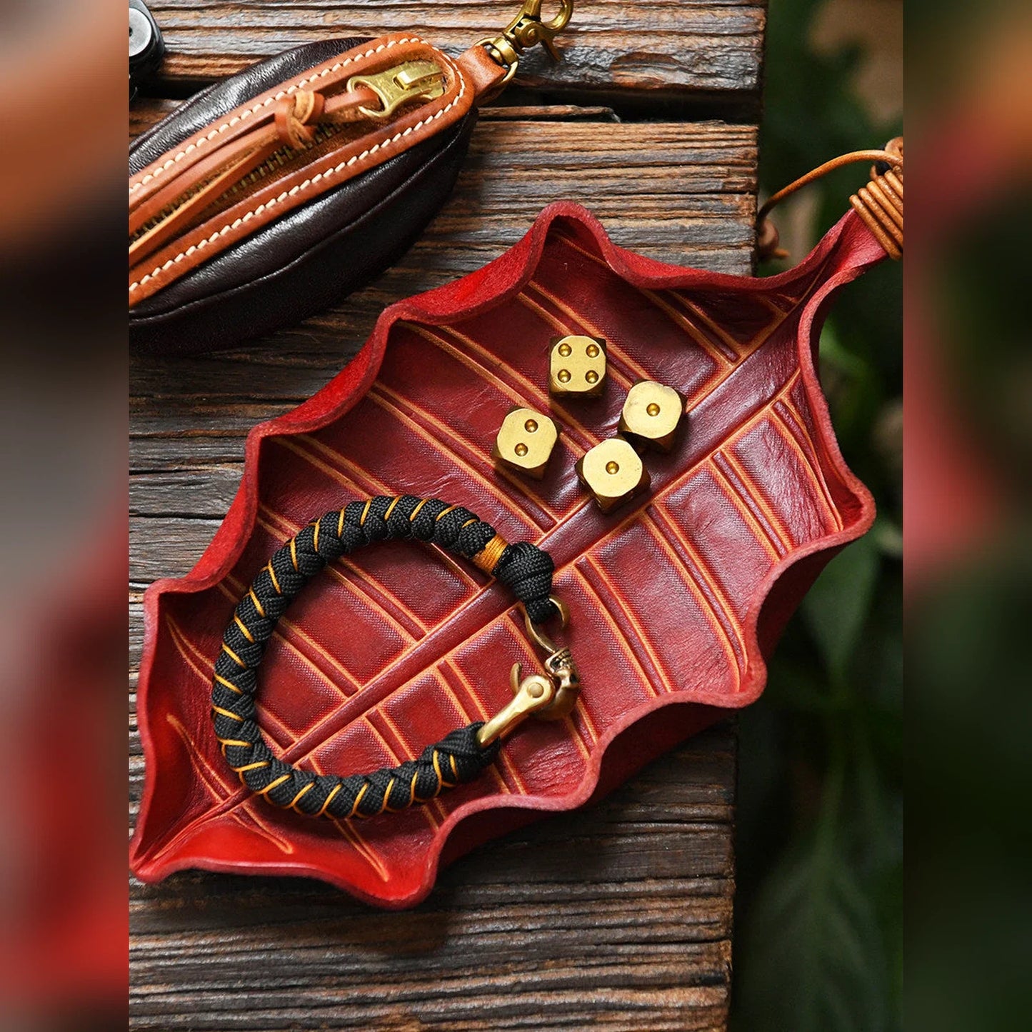 Vegetable-tanned cowhide leaf valet tray styled with everyday essentials