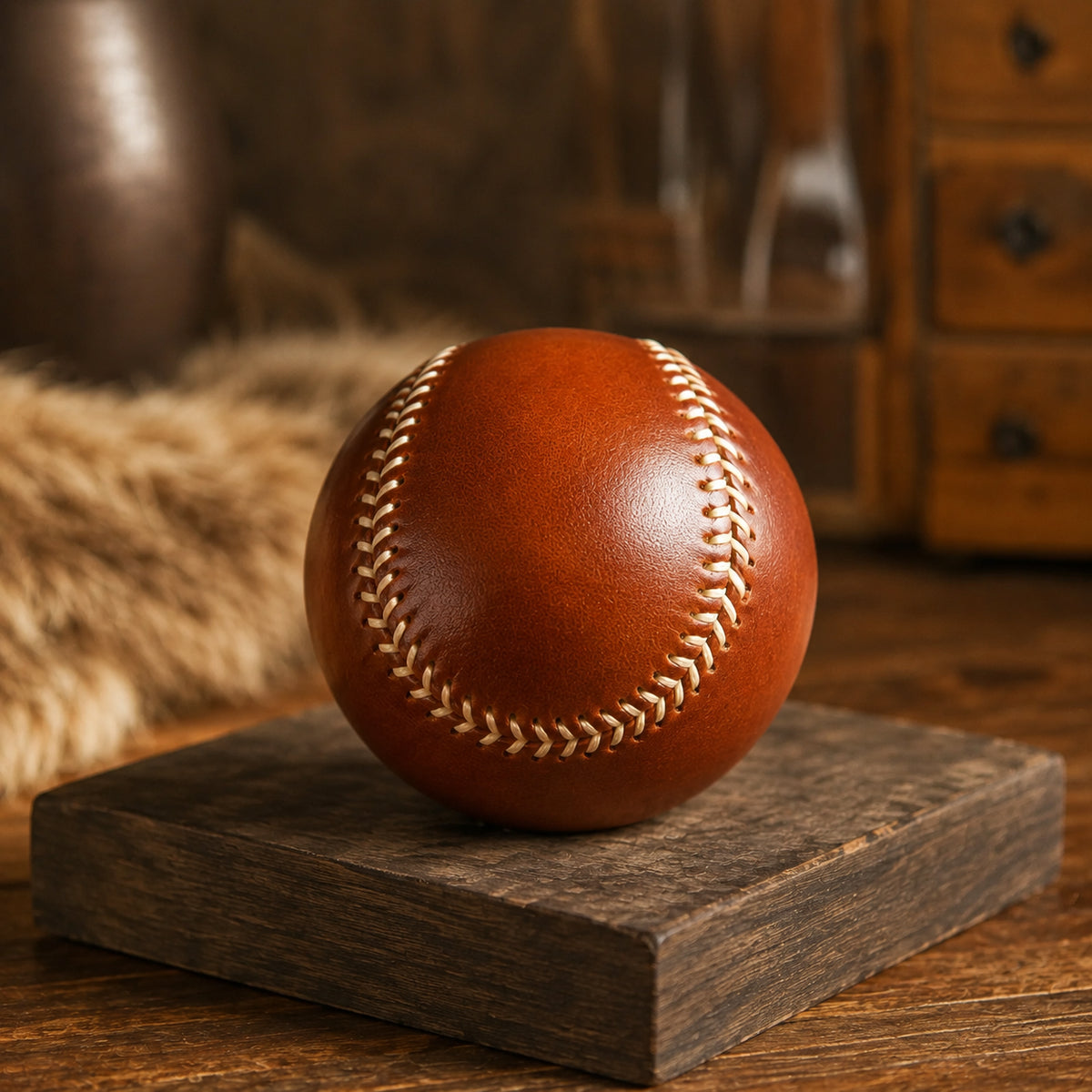 Hand-stitched vegetable-tanned leather baseball on a warm wood display block