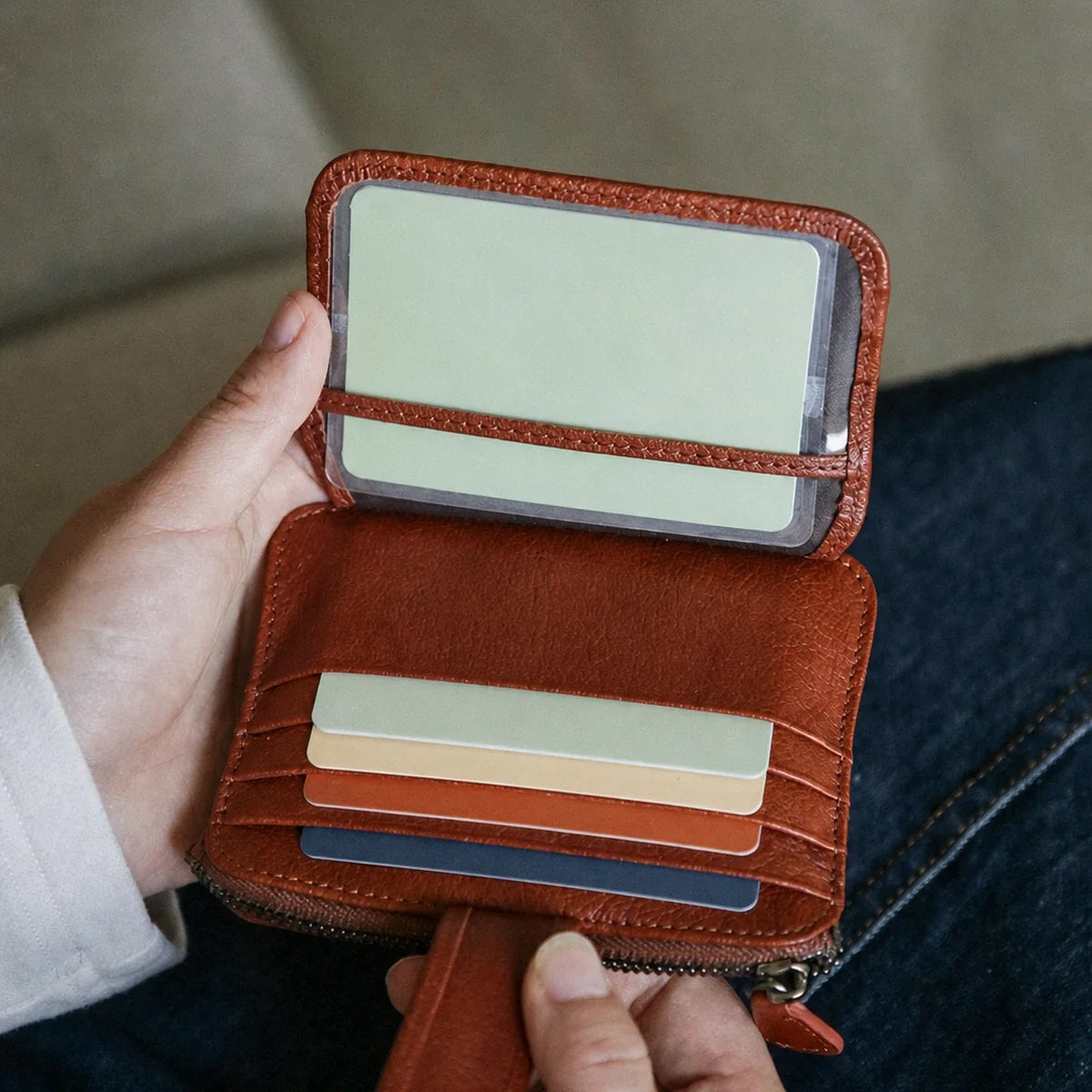 Vegetable-tanned cowhide wallet with card slots and license window