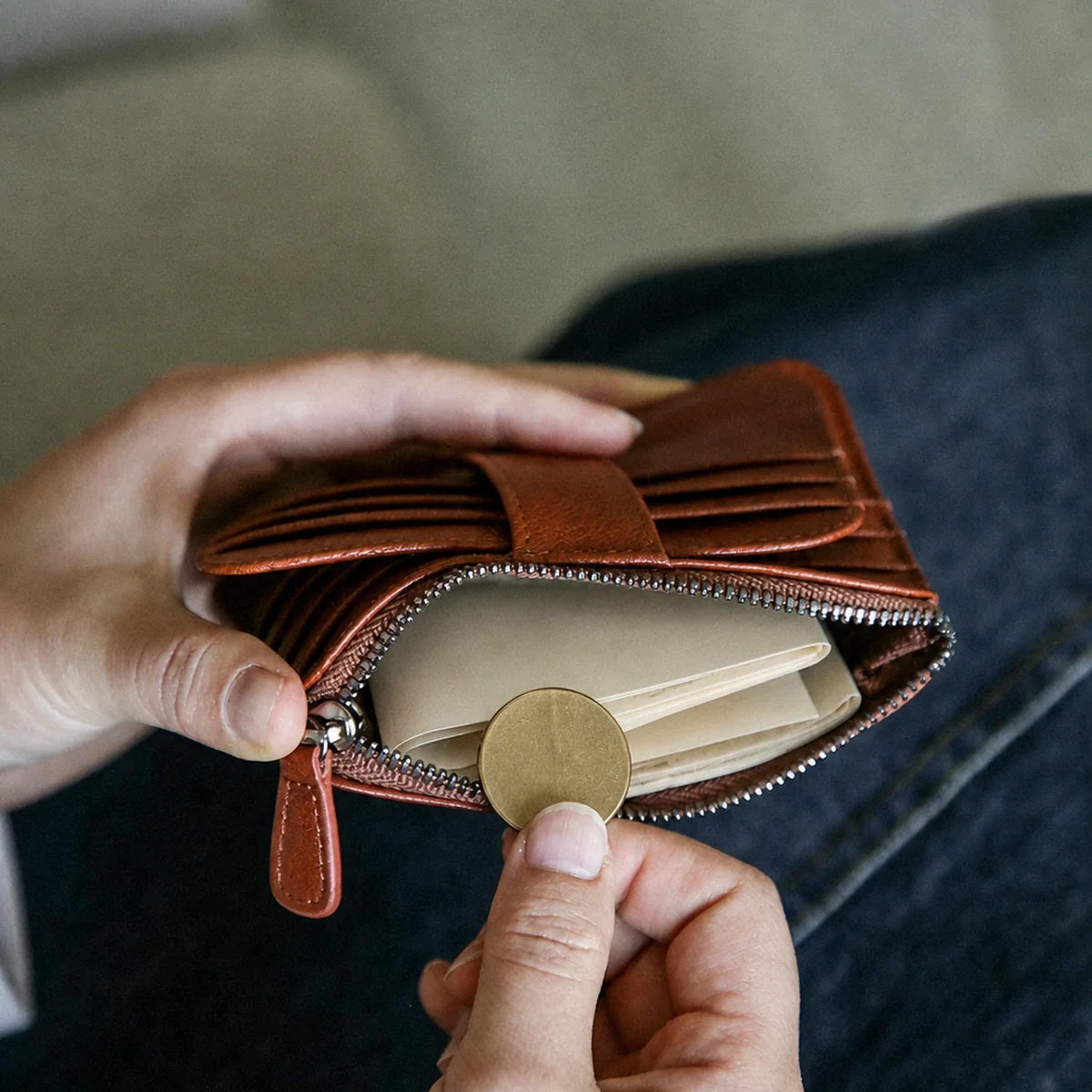 Vegetable-tanned cowhide wallet zip coin compartment