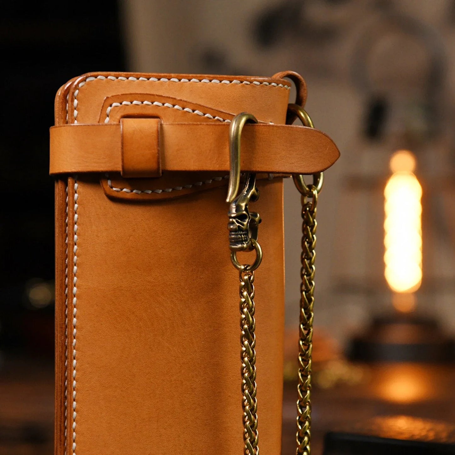 Skull hook wallet chain attached to a leather wallet