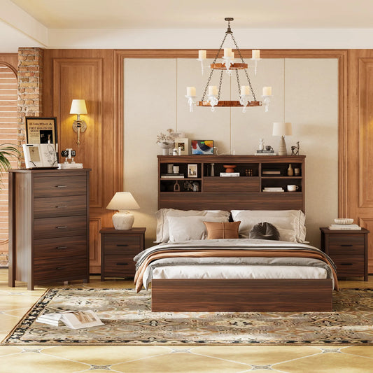 4-Piece Queen Bedroom Furniture Set with Storage Bed, Nightstands and Dresser – Walnut – view 1