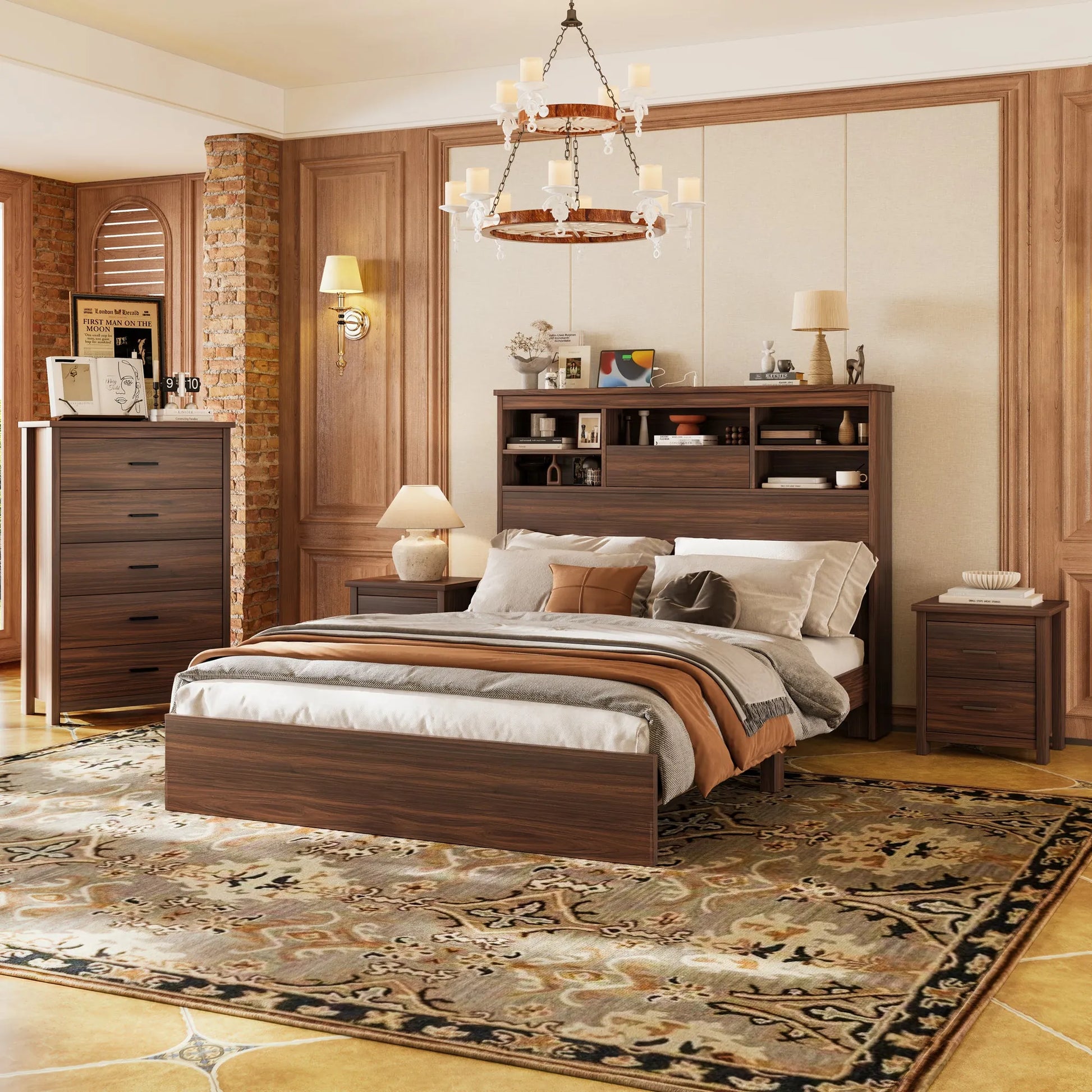 4-Piece Queen Bedroom Furniture Set with Storage Bed, Nightstands and Dresser – Walnut – view 2