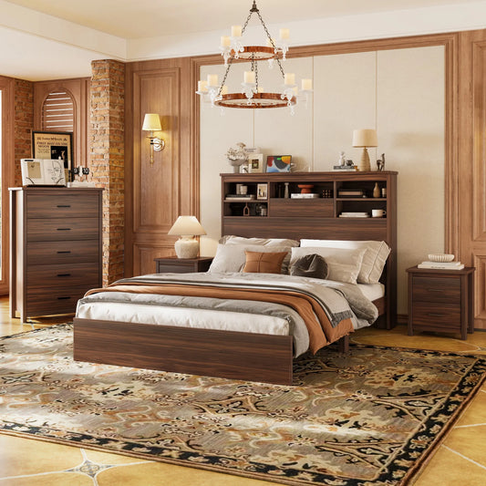4-Piece Queen Bedroom Furniture Set with Storage Bed, Nightstands and Dresser – Walnut – view 2