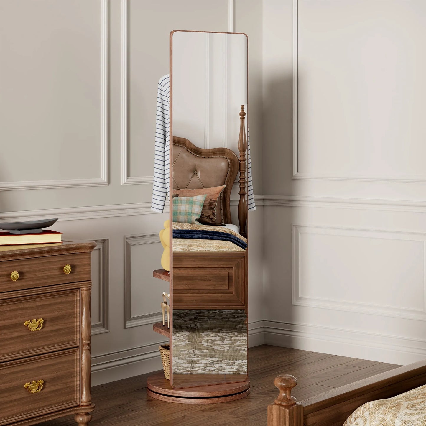 69-Inch Rotating Full-Length Mirror with Coat Rack – Walnut – view 2