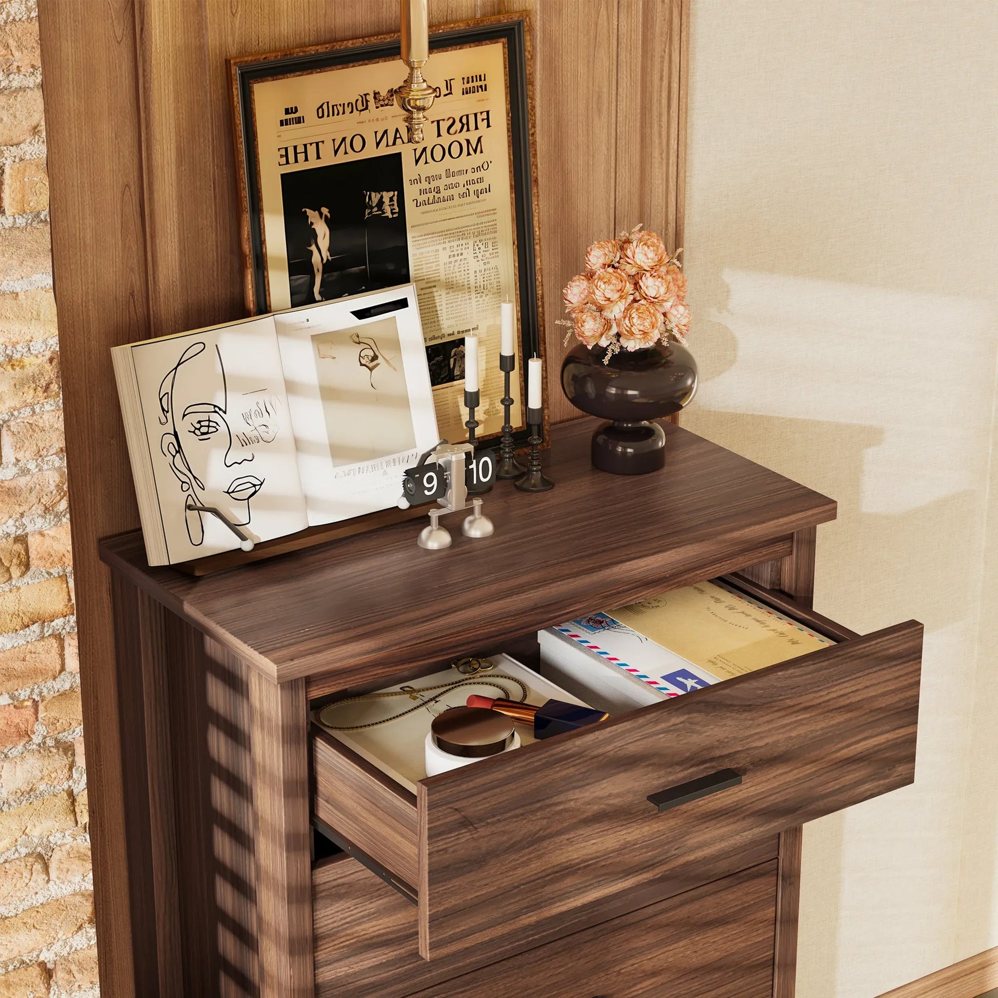 4-Piece Queen Bedroom Furniture Set with Storage Bed, Nightstands and Dresser – Walnut – view 3