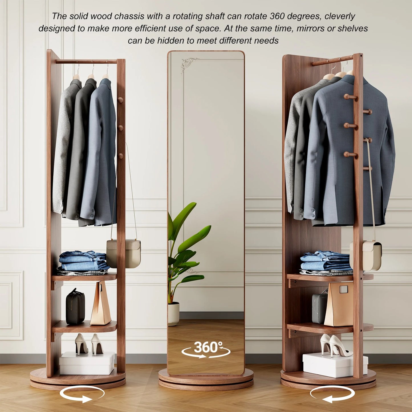 69-Inch Rotating Full-Length Mirror with Coat Rack – Walnut – view 3