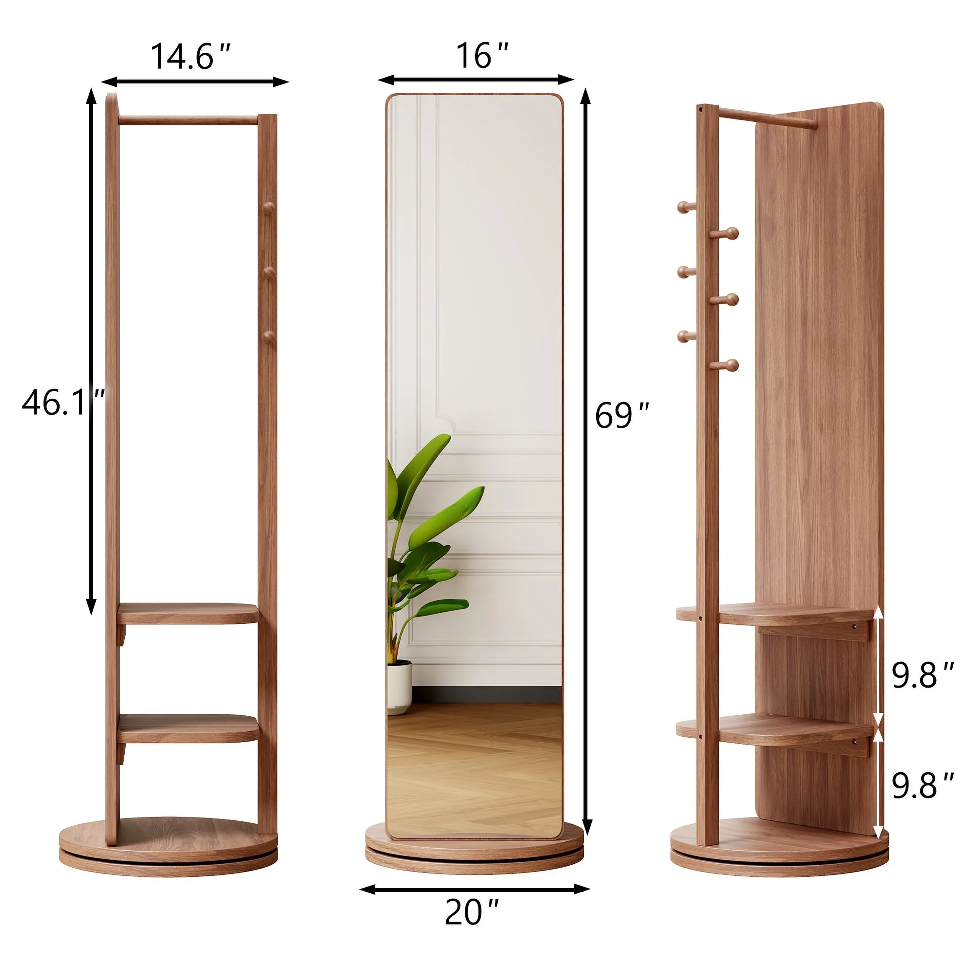 69-Inch Rotating Full-Length Mirror with Coat Rack – Walnut – view 4