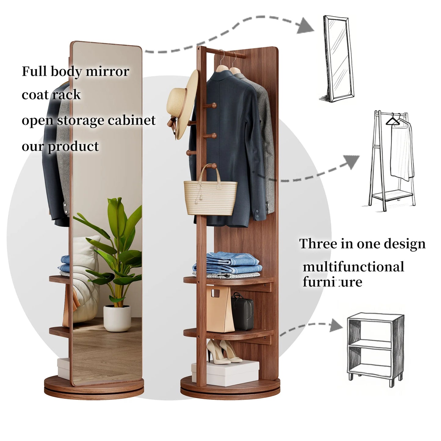 69-Inch Rotating Full-Length Mirror with Coat Rack – Walnut – view 5