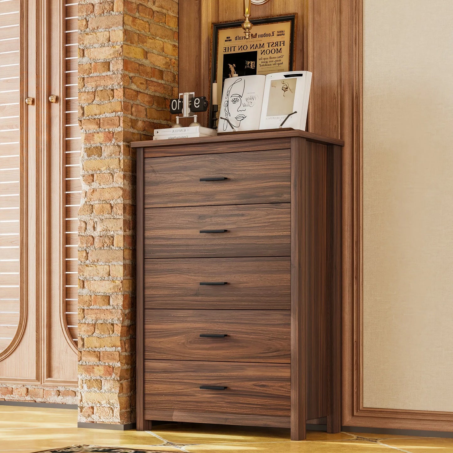 4-Piece Queen Bedroom Furniture Set with Storage Bed, Nightstands and Dresser – Walnut – view 7