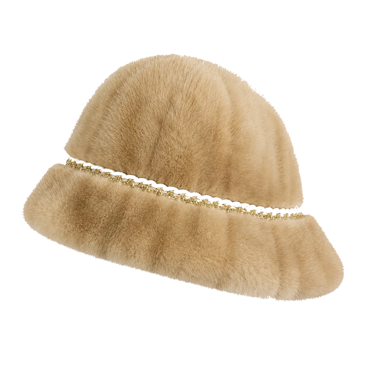 Warm Beige genuine mink fur bucket hat with delicate chain trim, front product view