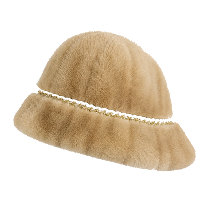 Warm Beige genuine mink fur bucket hat with delicate chain trim, front product view