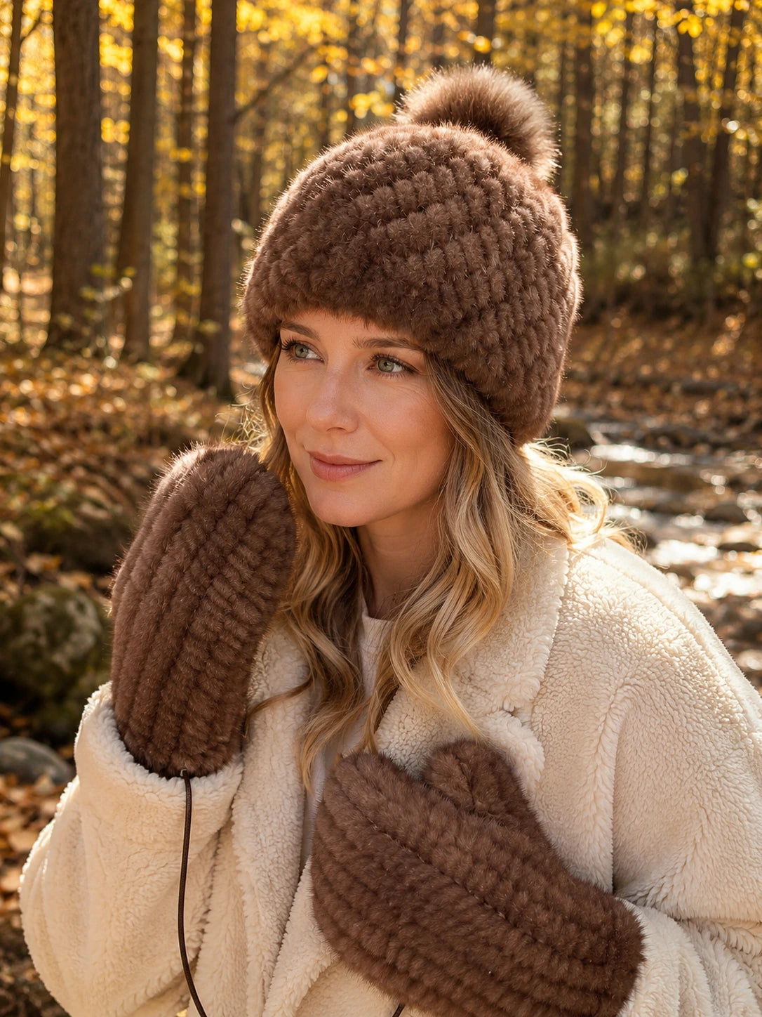 Woman wearing the warm brown mink fur hat and mittens on a forest walk