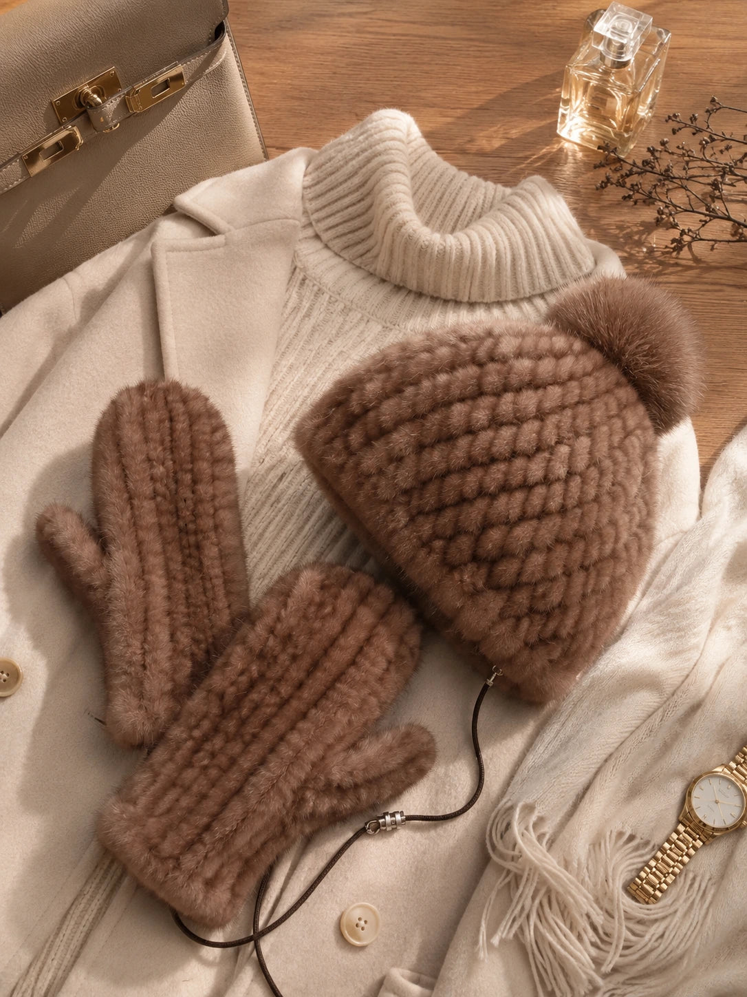 Warm brown mink fur hat and mittens styled with neutral winter layers