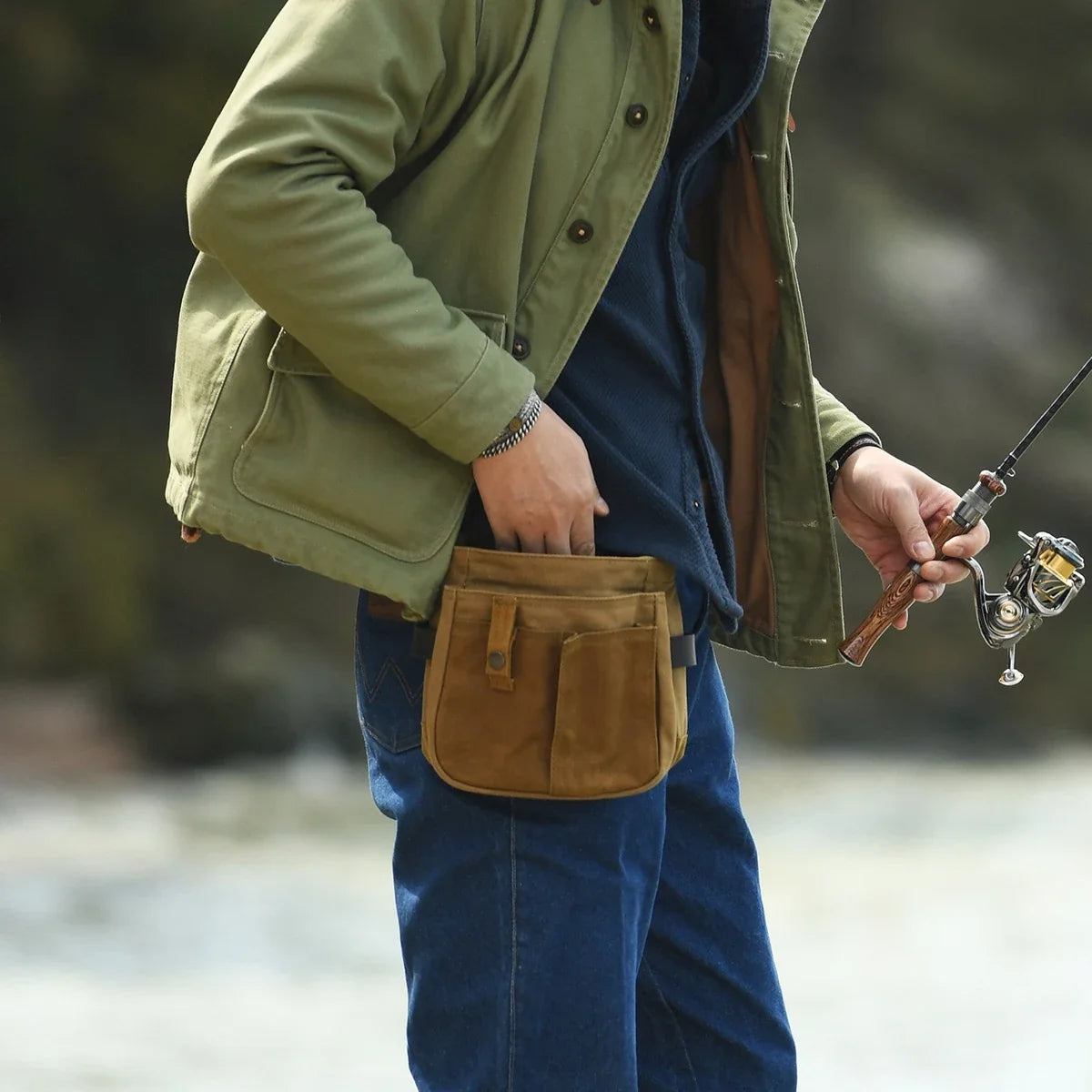 Outdoor fishing waist pouch in a natural setting
