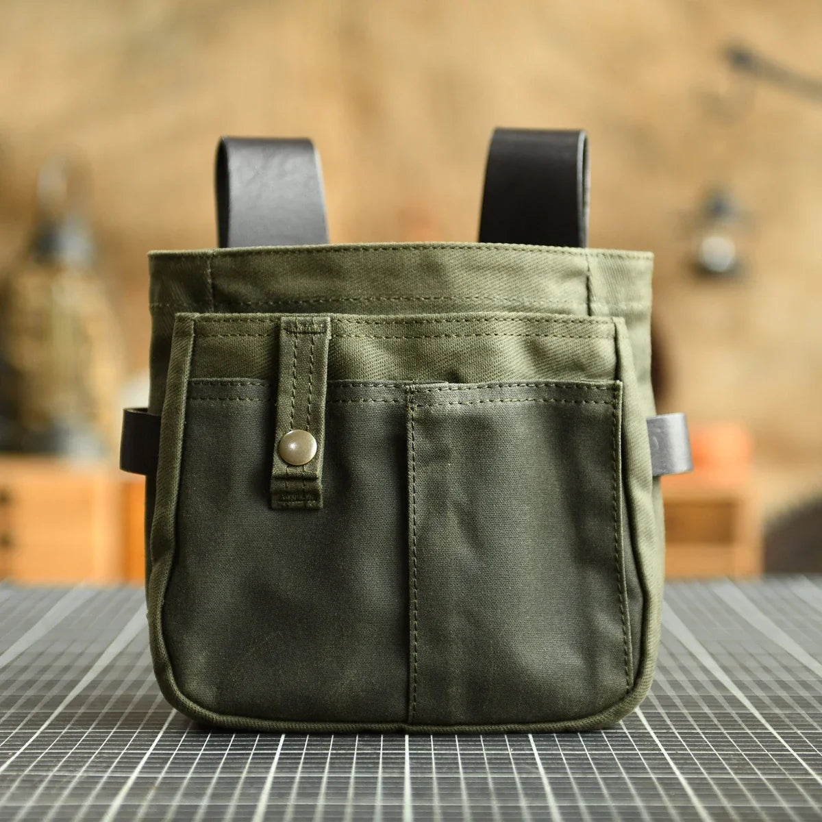 Army Green waxed canvas and leather belt pouch