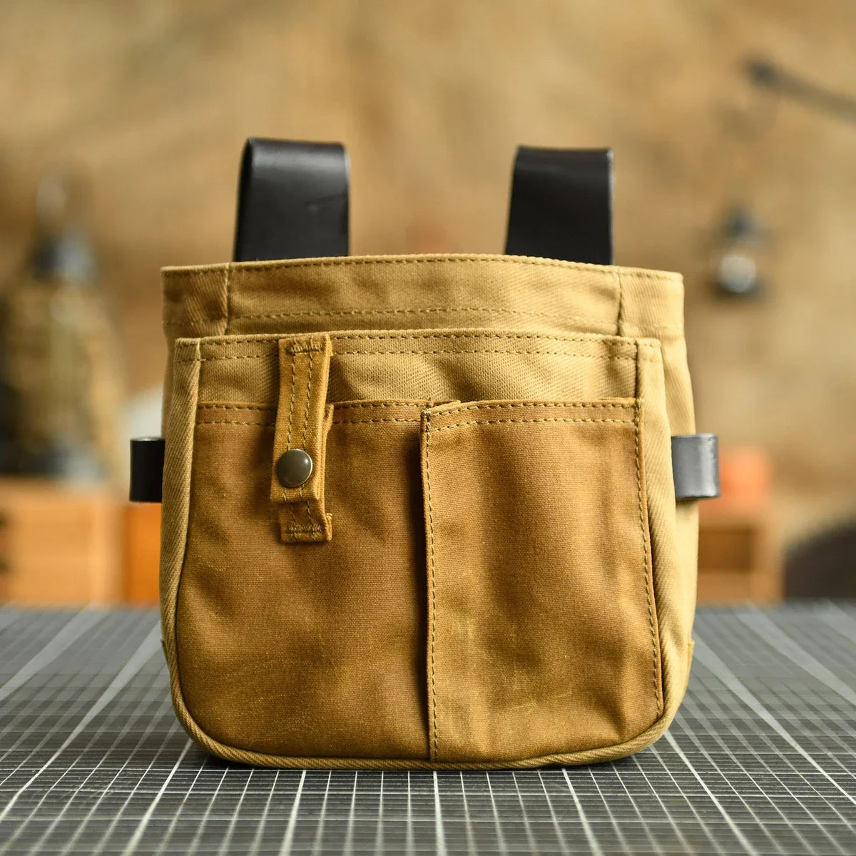Khaki waxed canvas and leather outdoor belt pouch