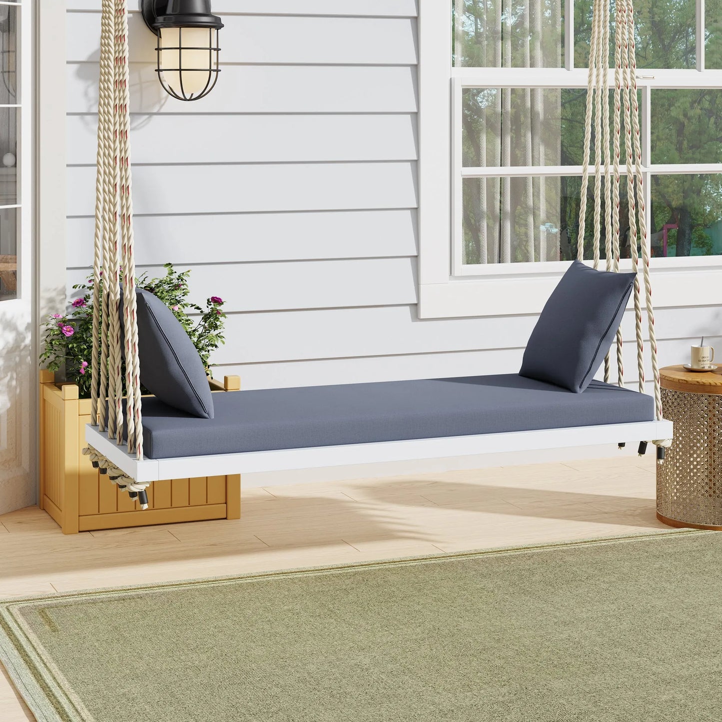 Acacia Wood Porch Swing Bench with Cushions – White – view 1