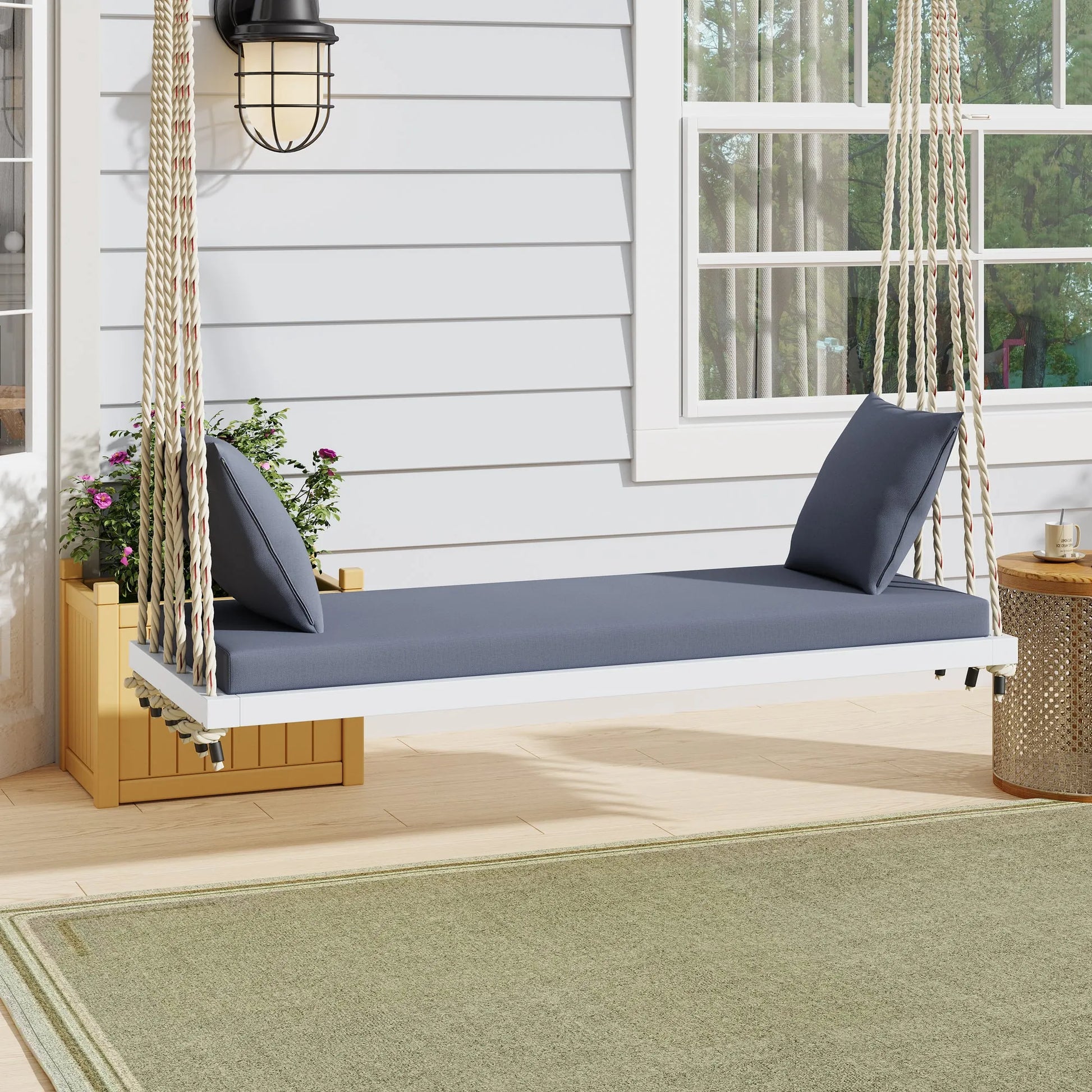 Acacia Wood Porch Swing Bench with Cushions – White – view 1