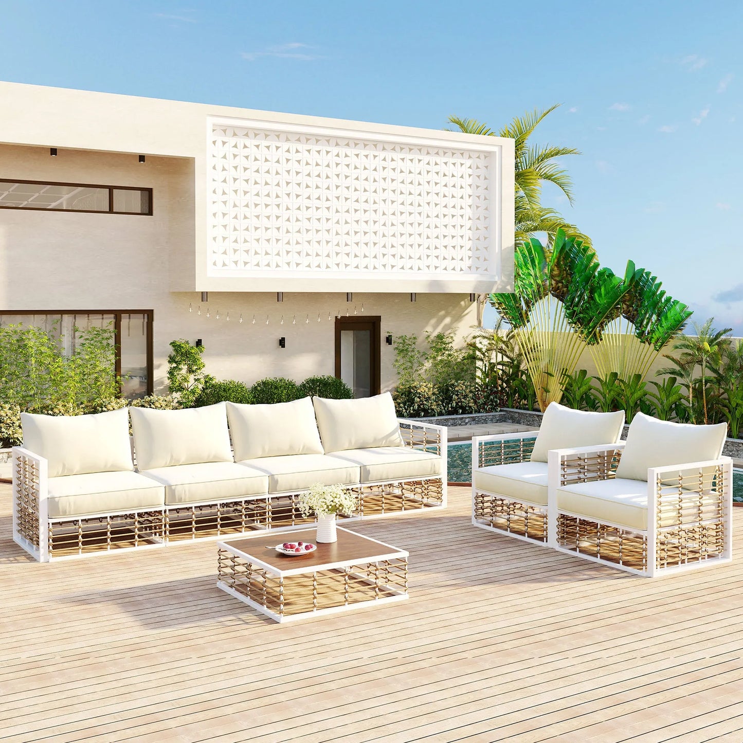 7-Piece Outdoor Metal Sectional Sofa Set with Coffee Table – White – view 1