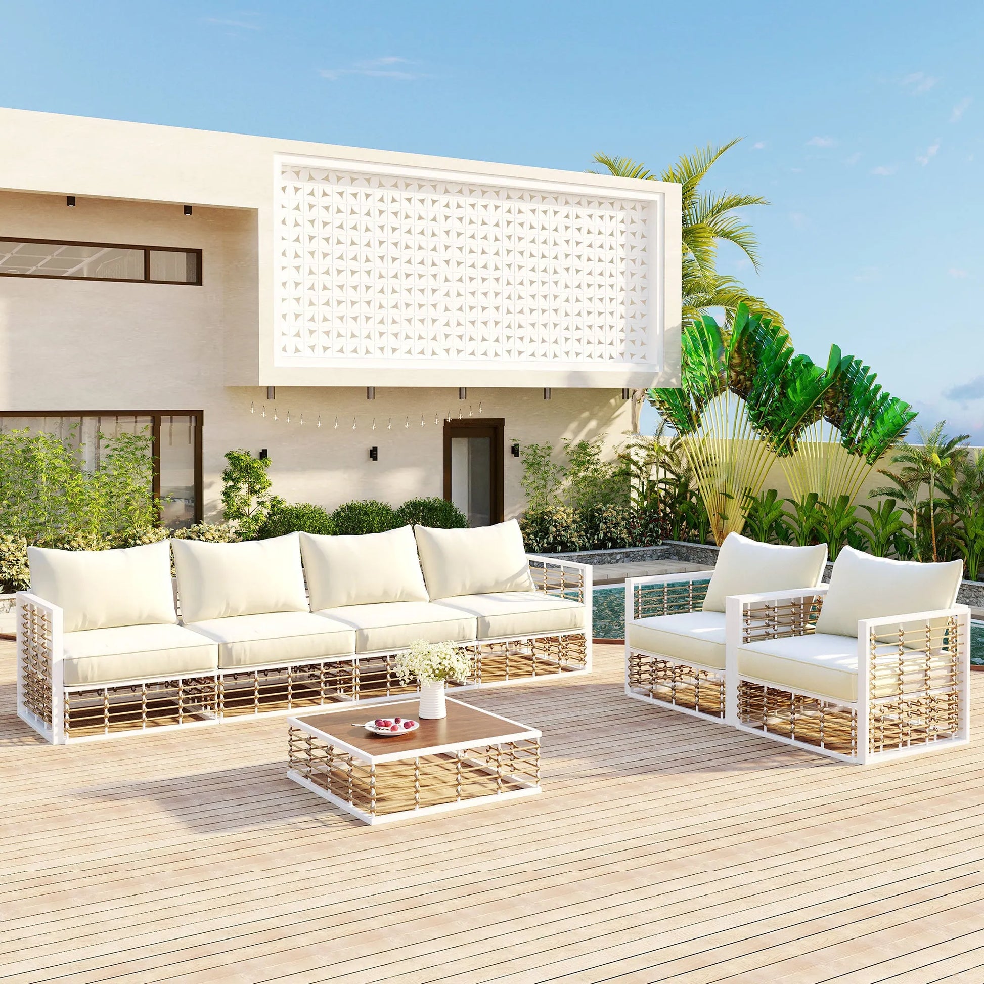 7-Piece Outdoor Metal Sectional Sofa Set with Coffee Table – White – view 1