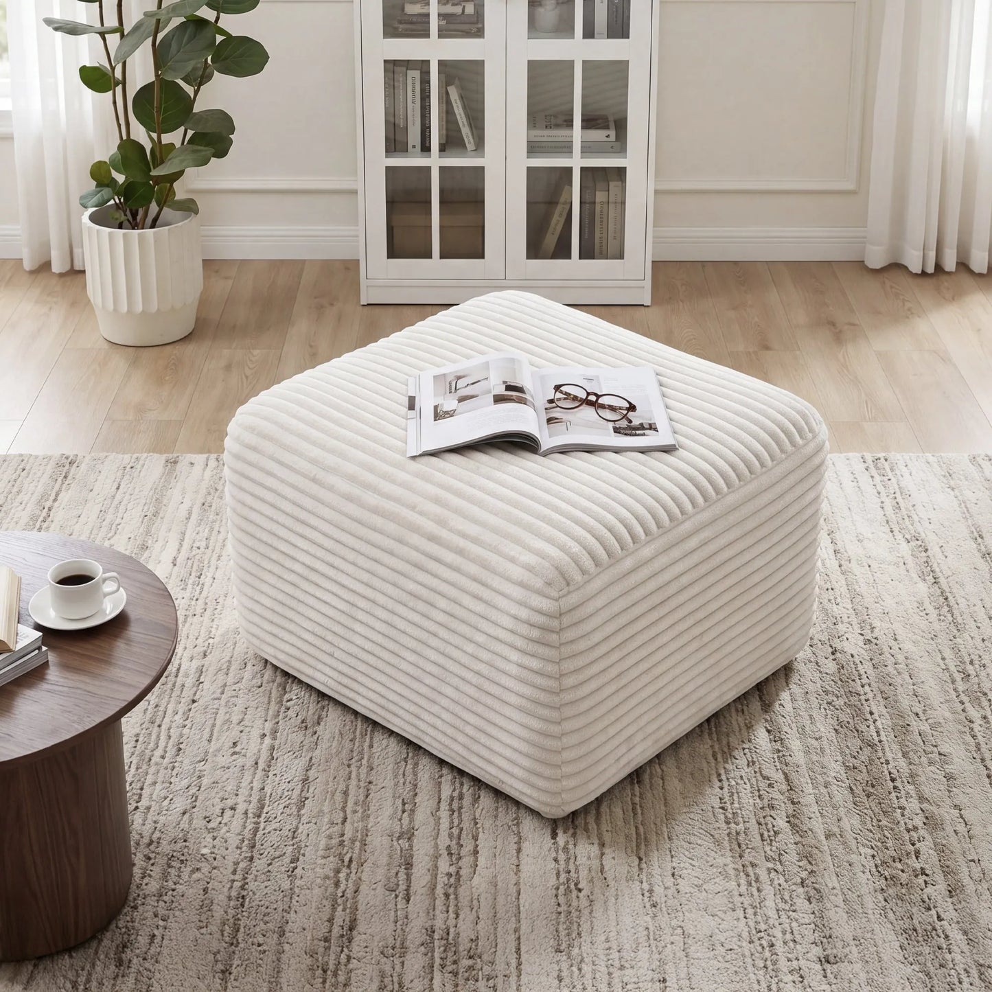 27.6-Inch Corduroy Square Ottoman – White – view 1