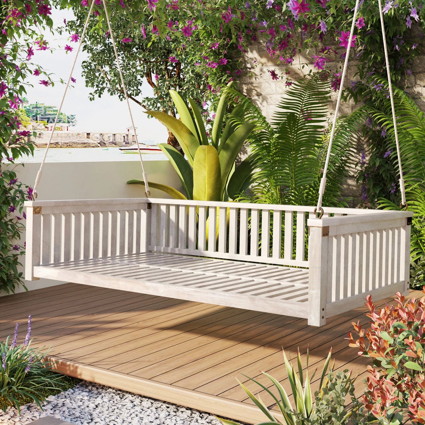 Acacia Wood Twin-Size Porch Swing Bed – White – view 1