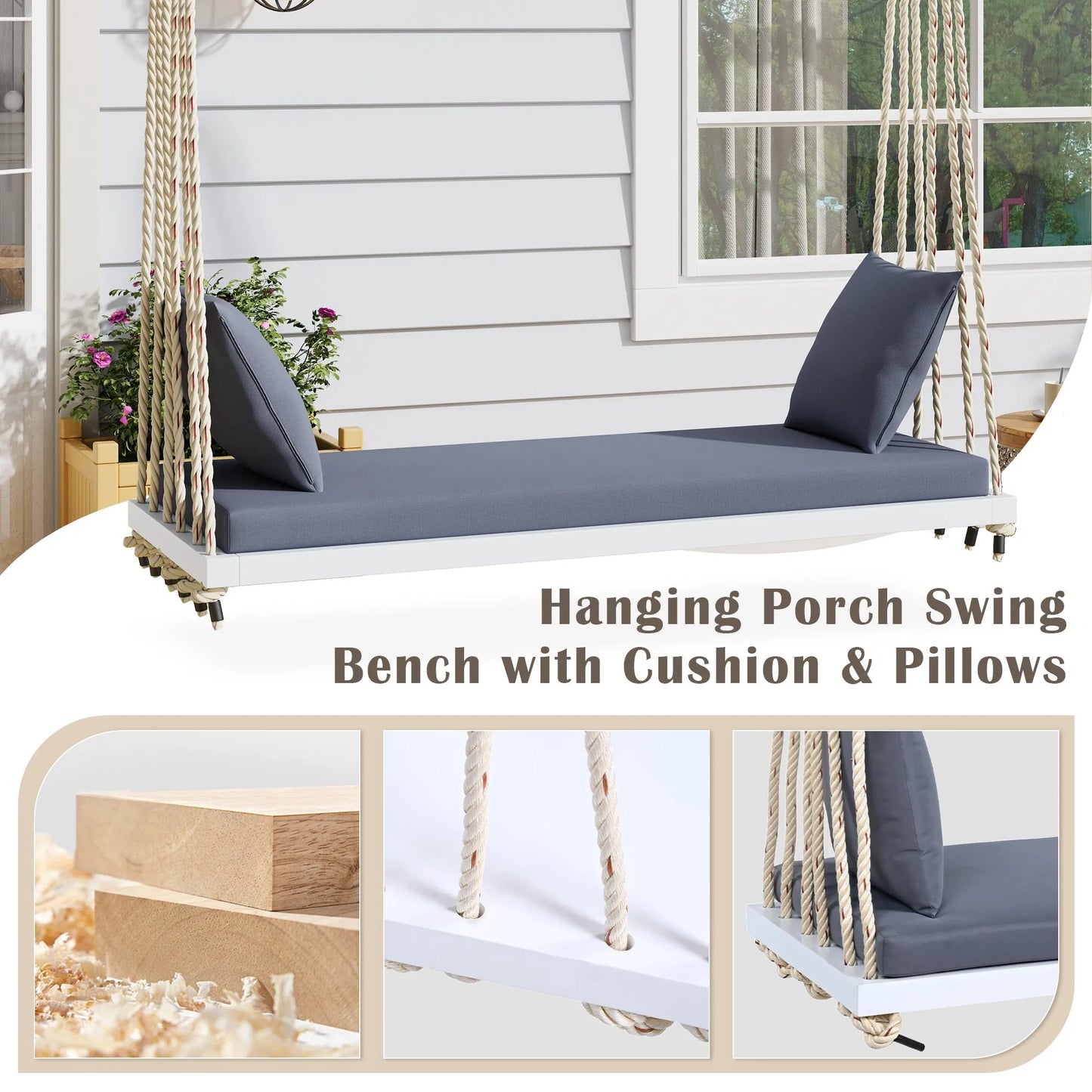 Acacia Wood Porch Swing Bench with Cushions – White – view 2
