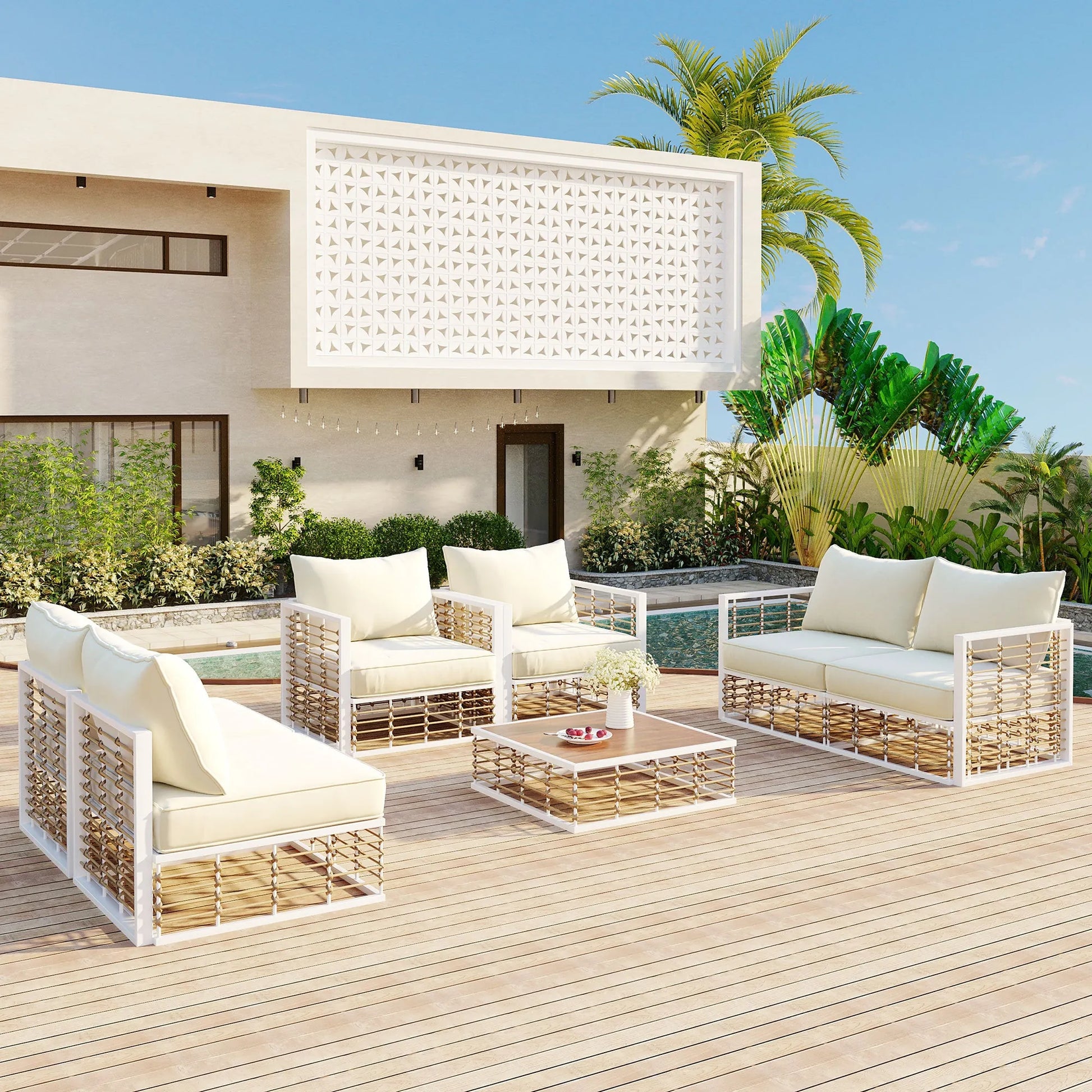 7-Piece Outdoor Metal Sectional Sofa Set with Coffee Table – White – view 2