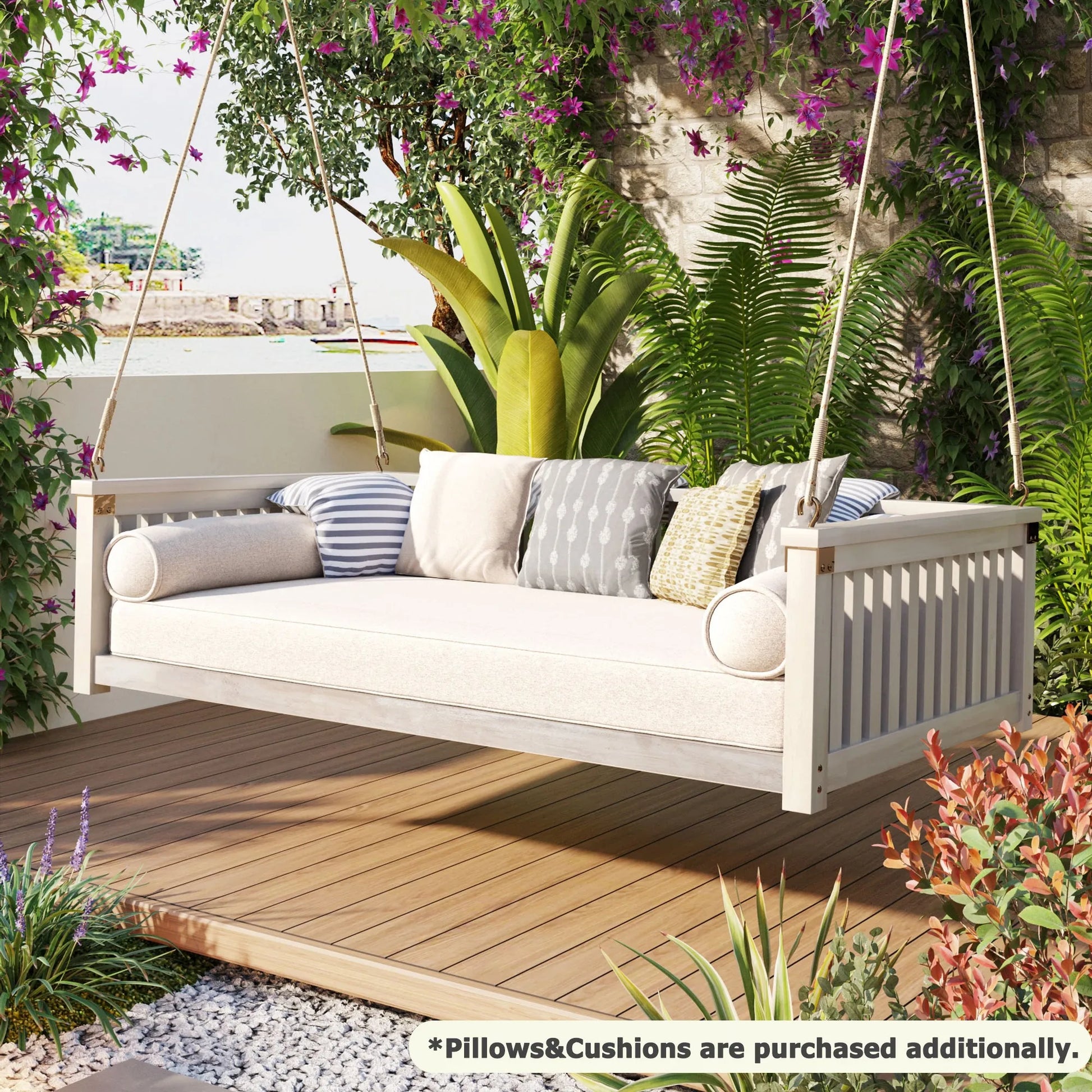 Acacia Wood Twin-Size Porch Swing Bed – White – view 2