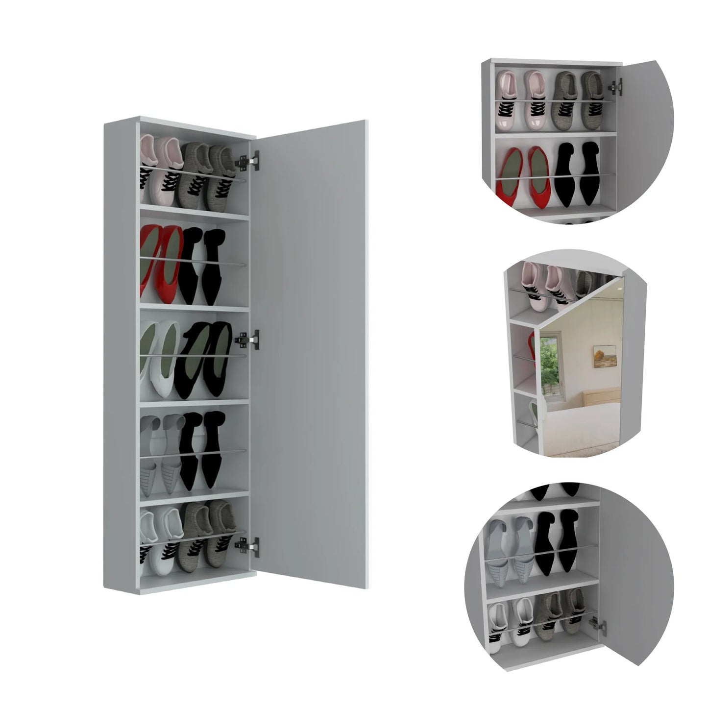 Wall-Mounted Shoe Cabinet with Full-Length Mirror – White – view 3