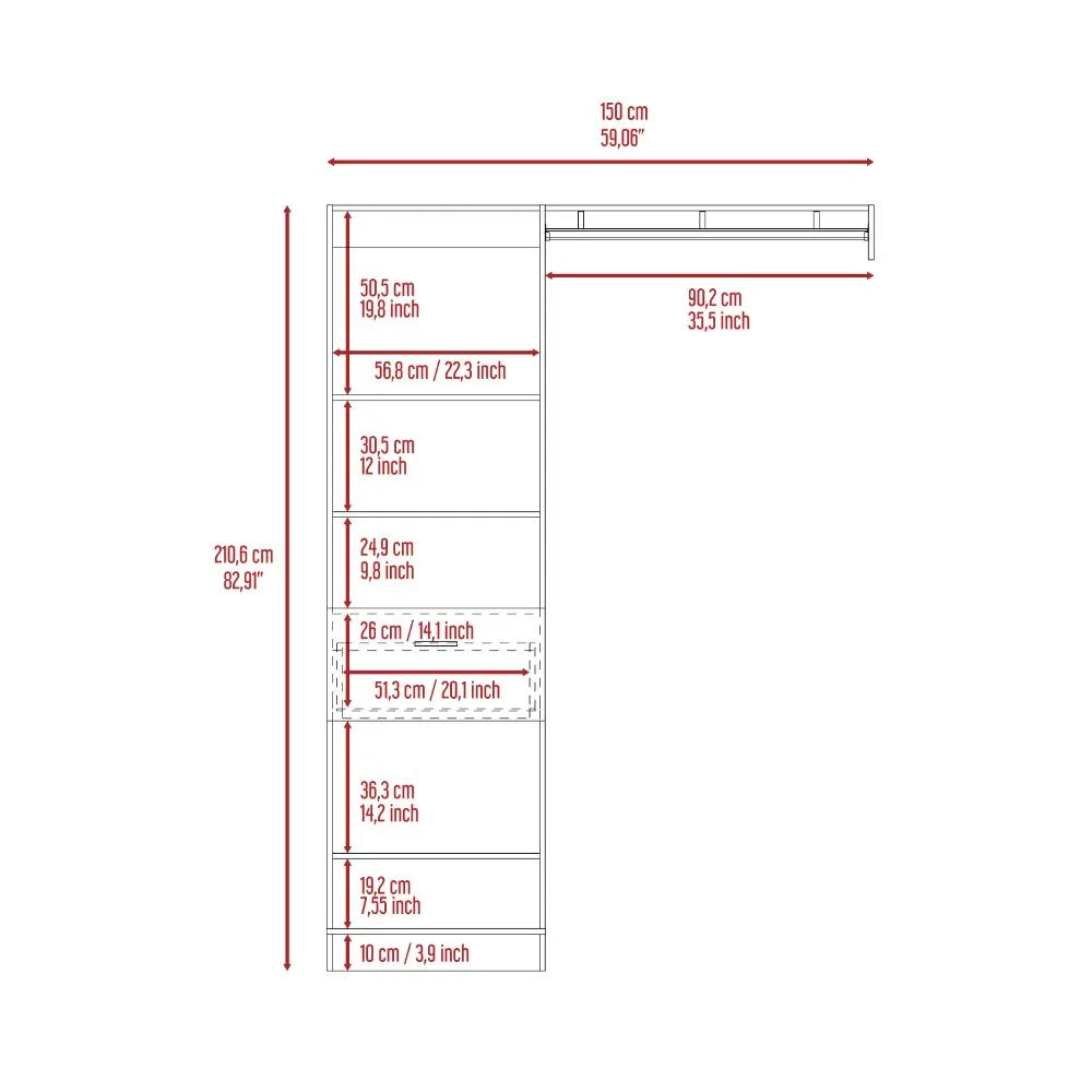 59.1-Inch Open Closet System with Shelves, Drawer and Hanging Rod – White – view 3