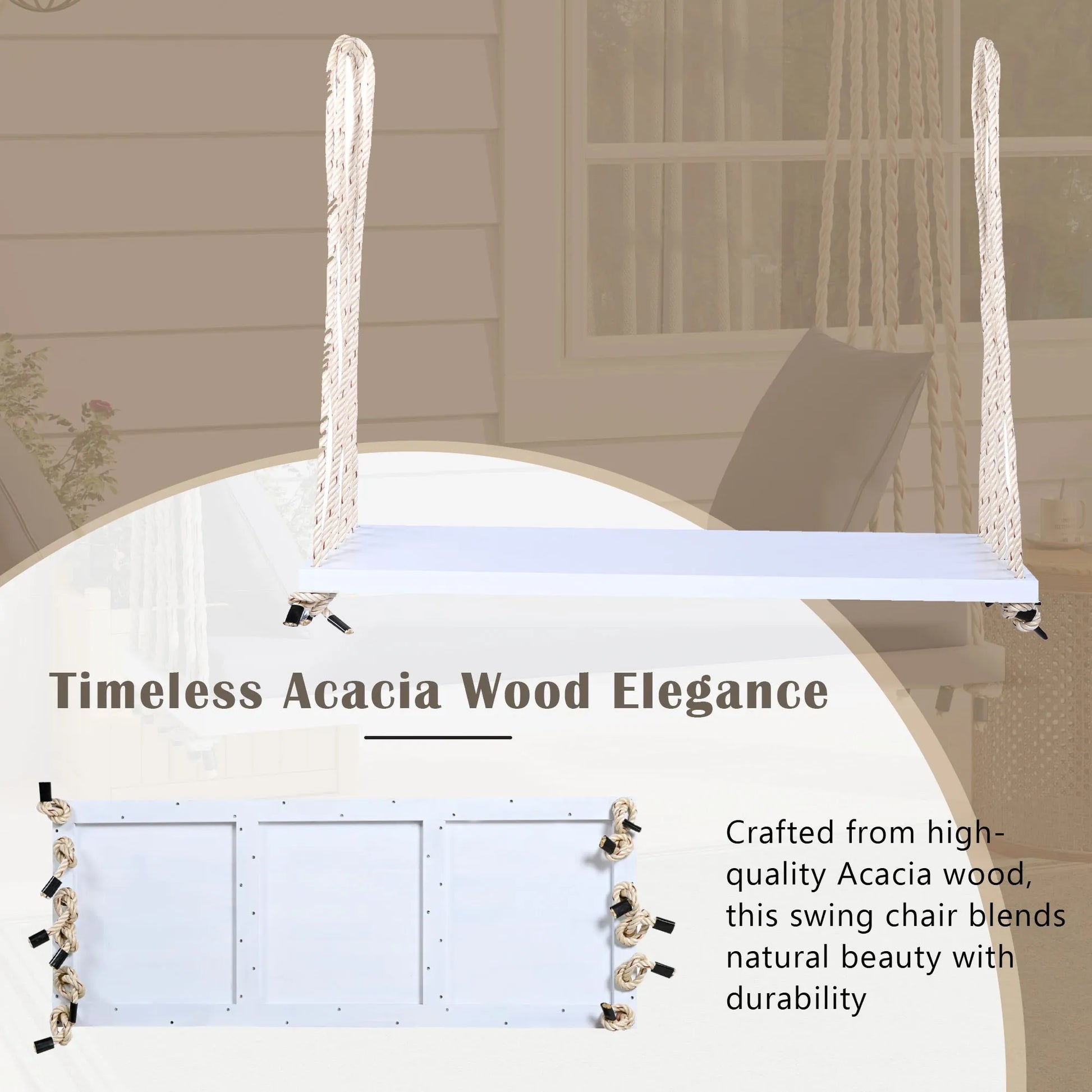 Acacia Wood Porch Swing Bench with Cushions – White – view 3