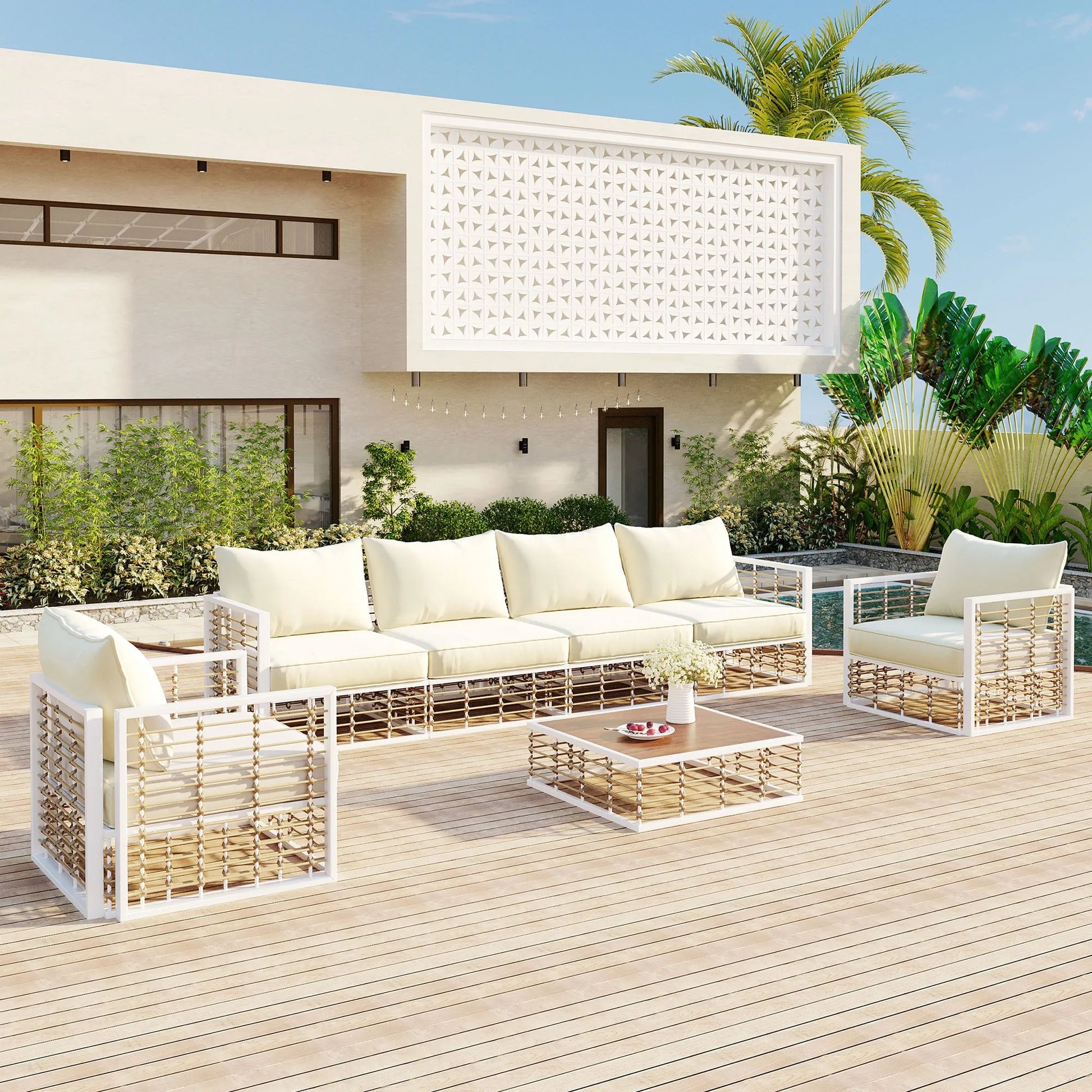7-Piece Outdoor Metal Sectional Sofa Set with Coffee Table – White – view 3
